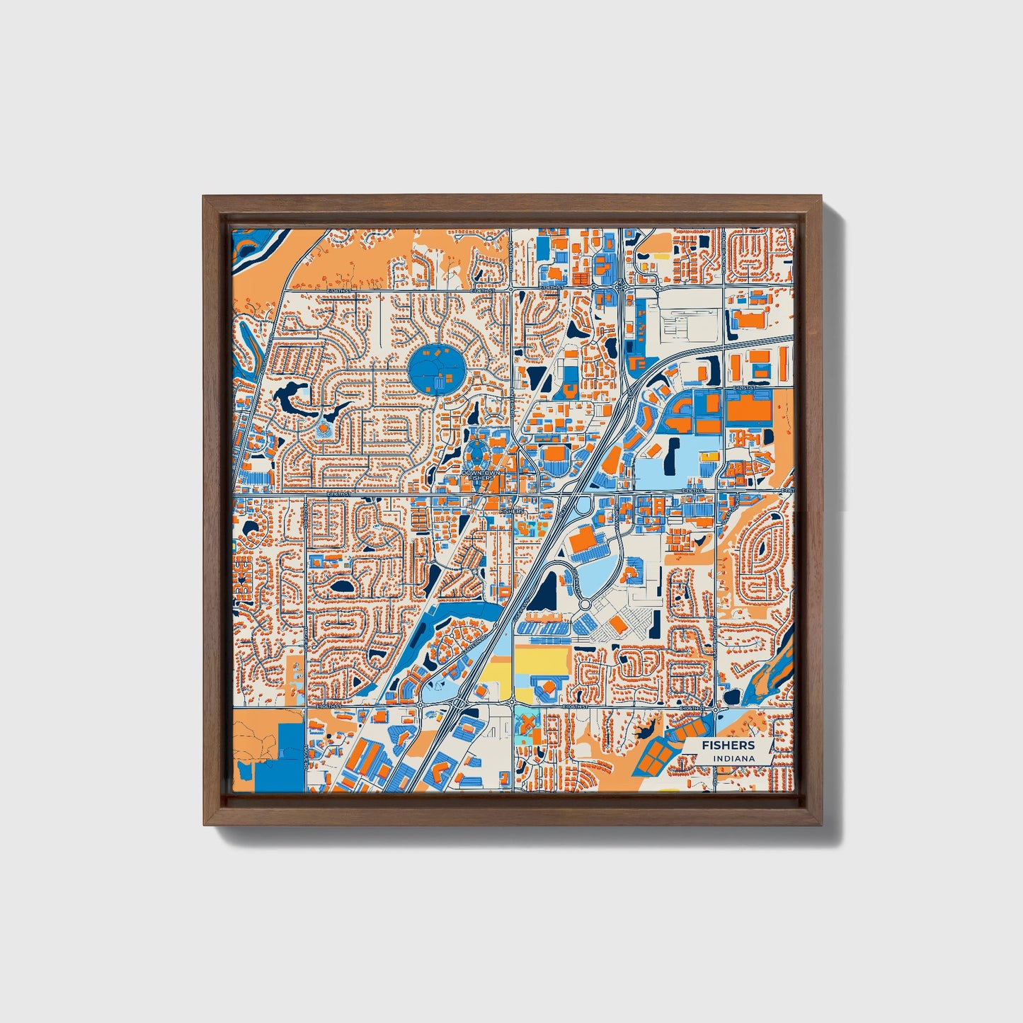 Fishers Indiana Colorful City Map Canvas Print • Dark Wooden Framed