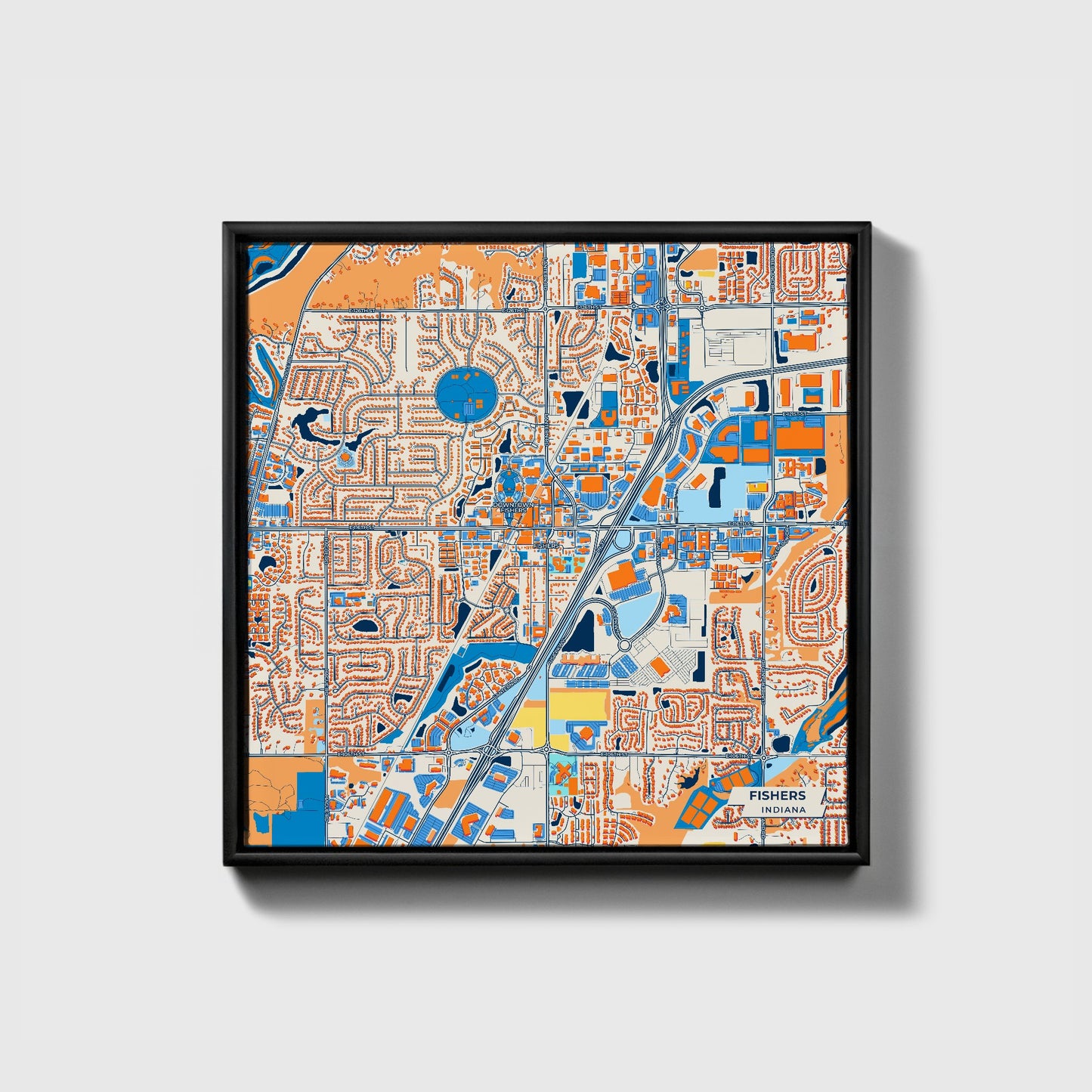 Fishers Indiana Colorful City Map Canvas Print • Black Framed