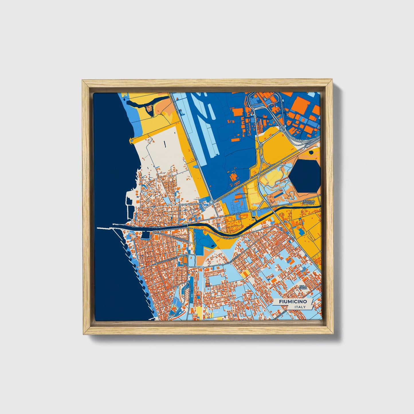 Fiumicino Italy Colorful City Map Canvas Print • Natural Wooden Framed