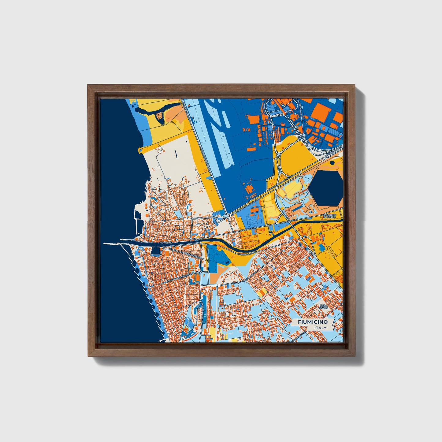 Fiumicino Italy Colorful City Map Canvas Print • Dark Wooden Framed