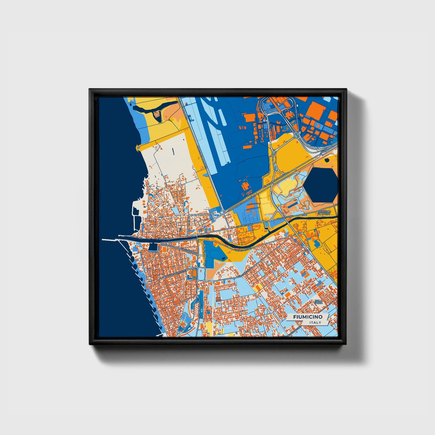 Fiumicino Italy Colorful City Map Canvas Print • Black Framed
