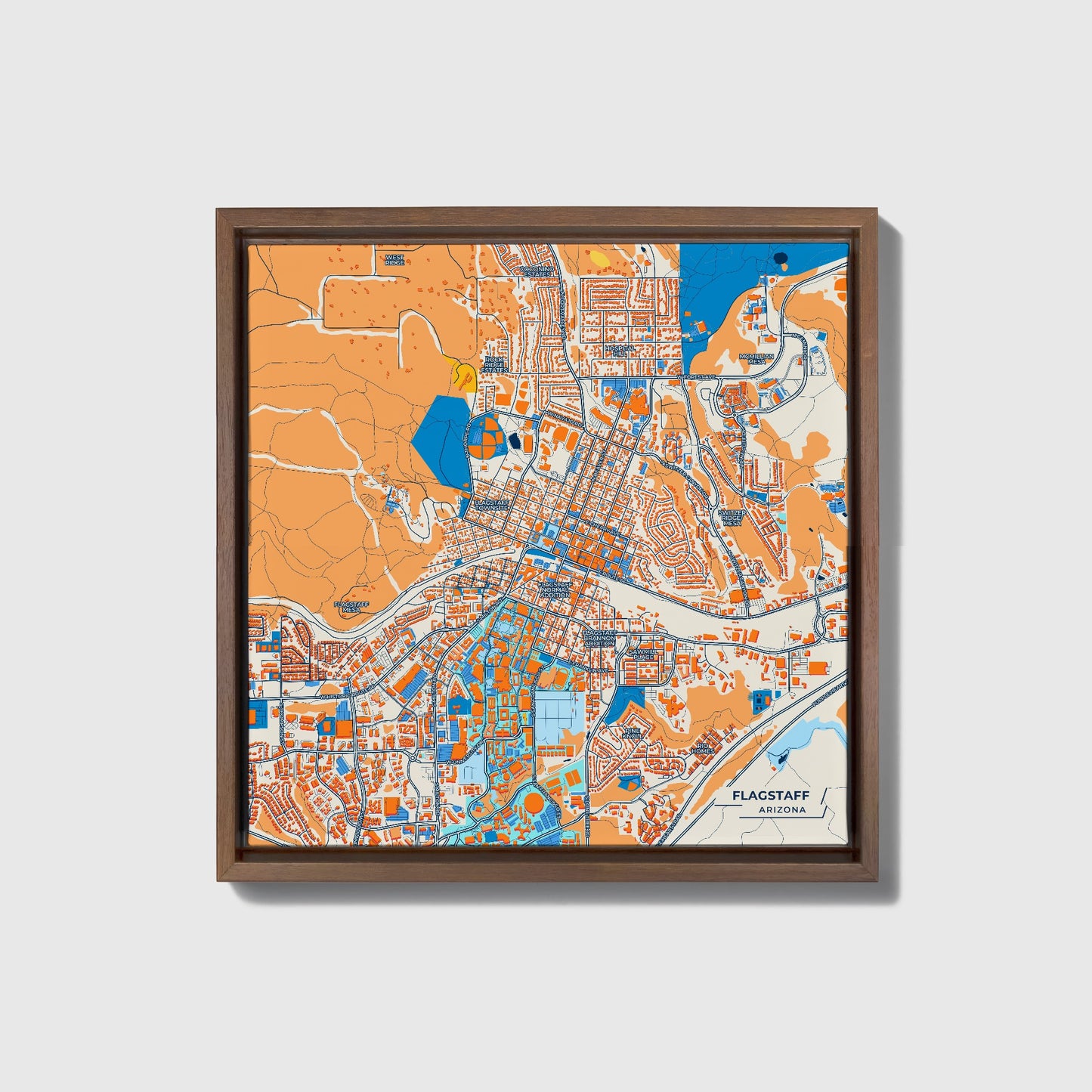 Flagstaff Arizona Colorful City Map Canvas Print • Dark Wooden Framed