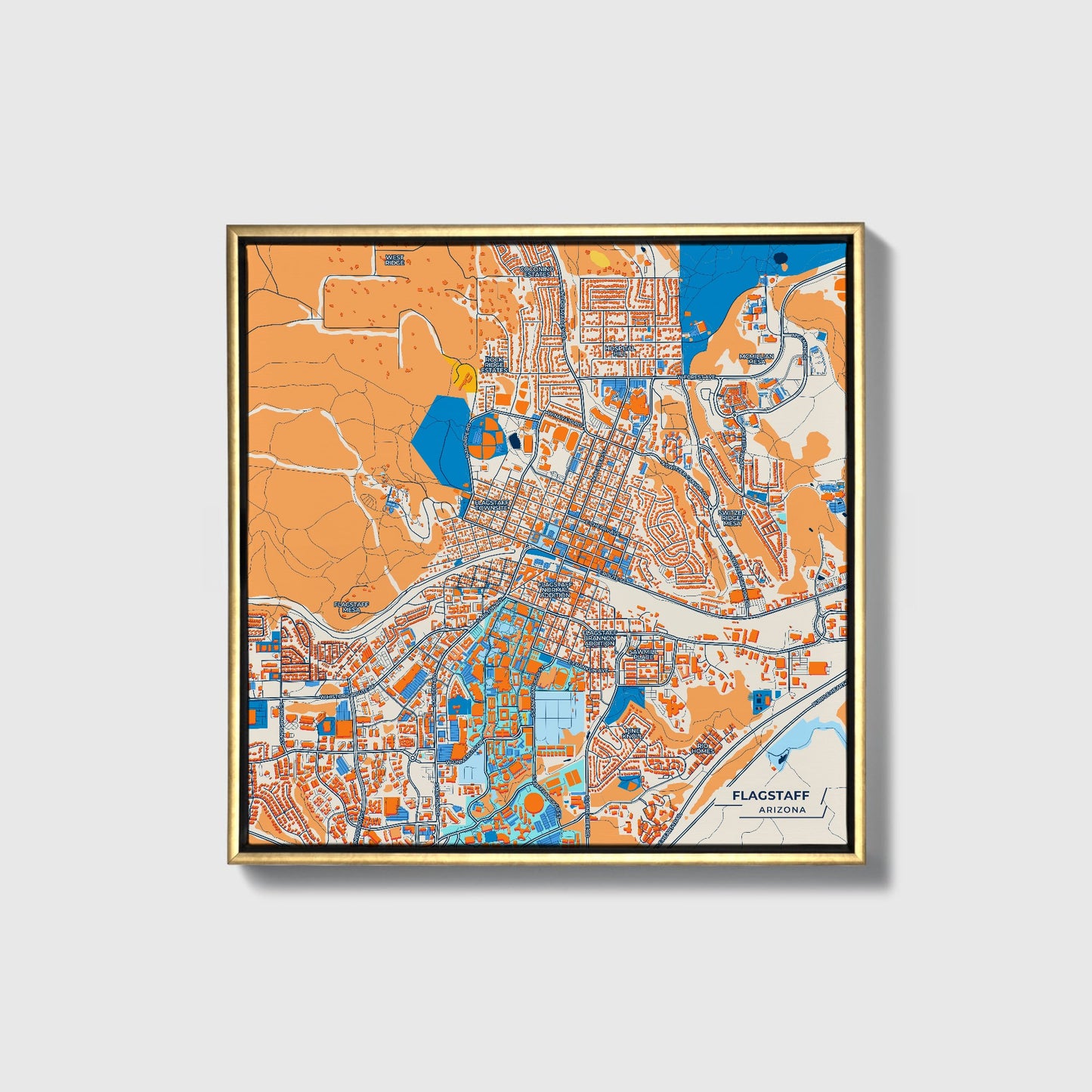 Flagstaff Arizona Colorful City Map Canvas Print • Gold Framed