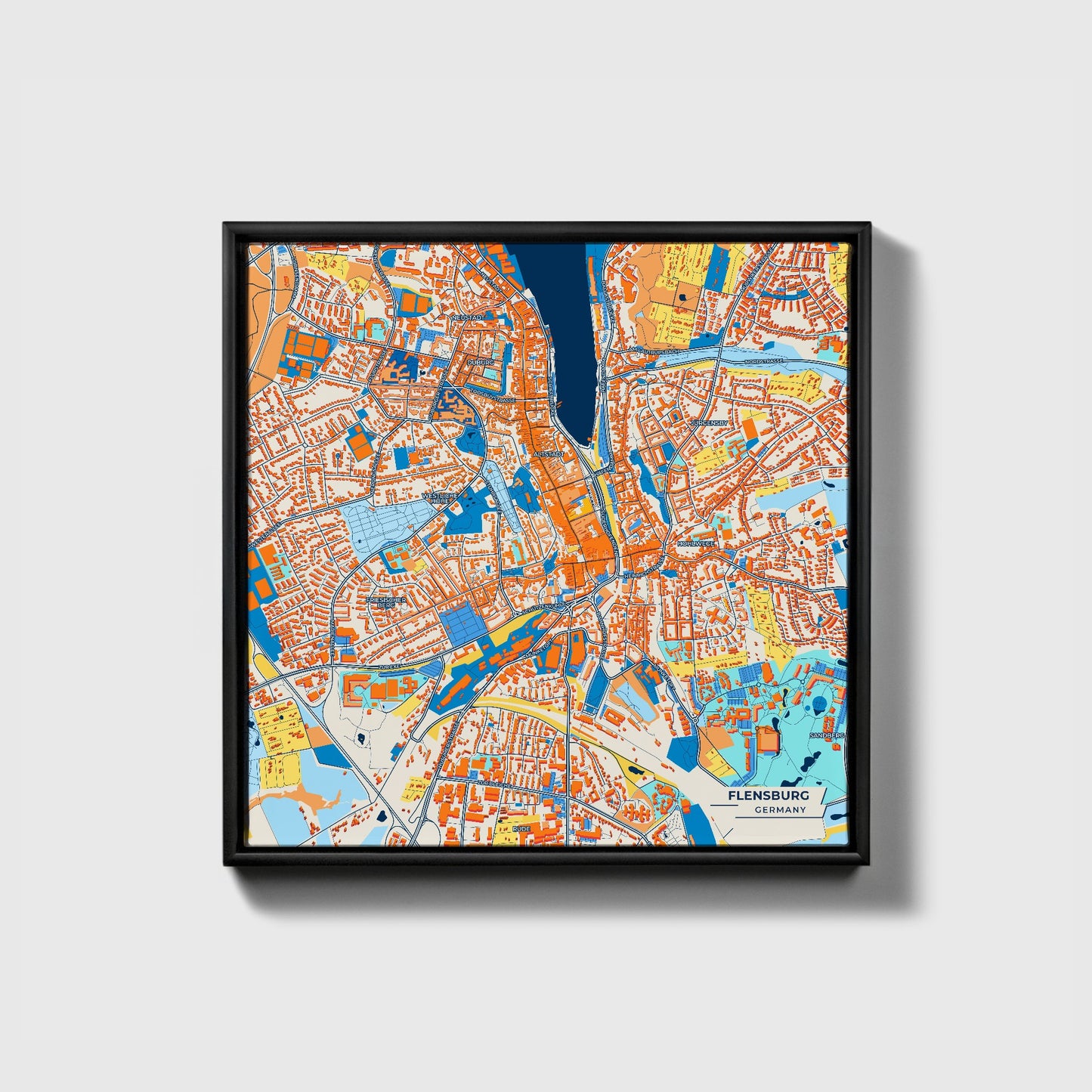 Flensburg Germany Colorful City Map Canvas Print • Black Framed