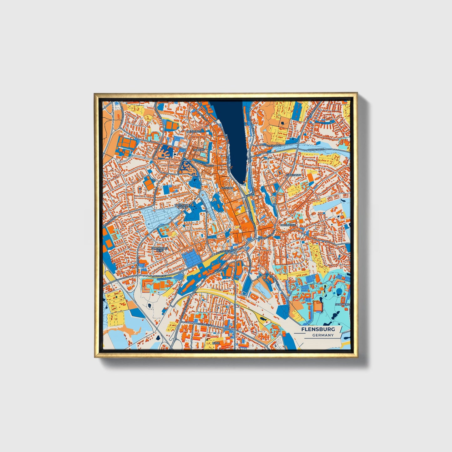Flensburg Germany Colorful City Map Canvas Print • Gold Framed