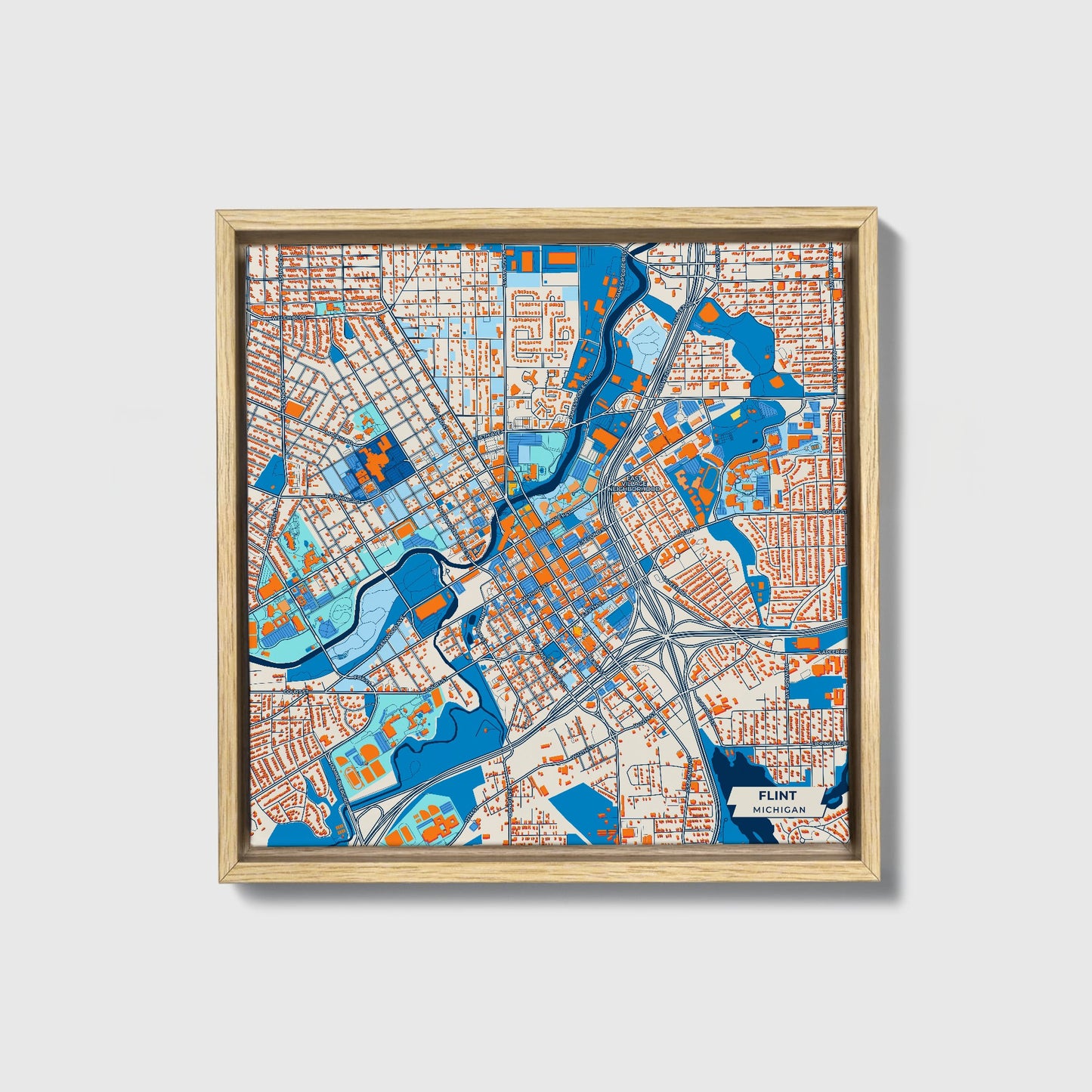 Flint Michigan Colorful City Map Canvas Print • Natural Wooden Framed