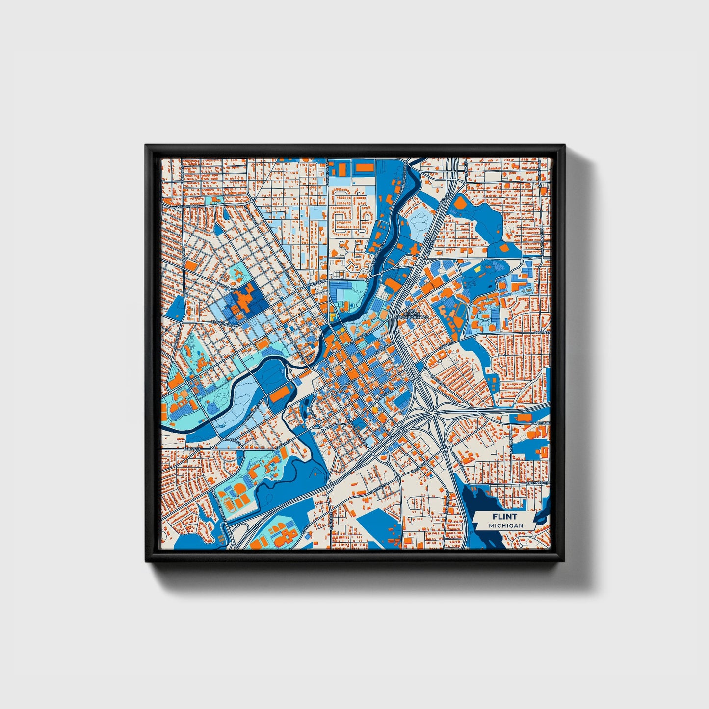 Flint Michigan Colorful City Map Canvas Print • Black Framed