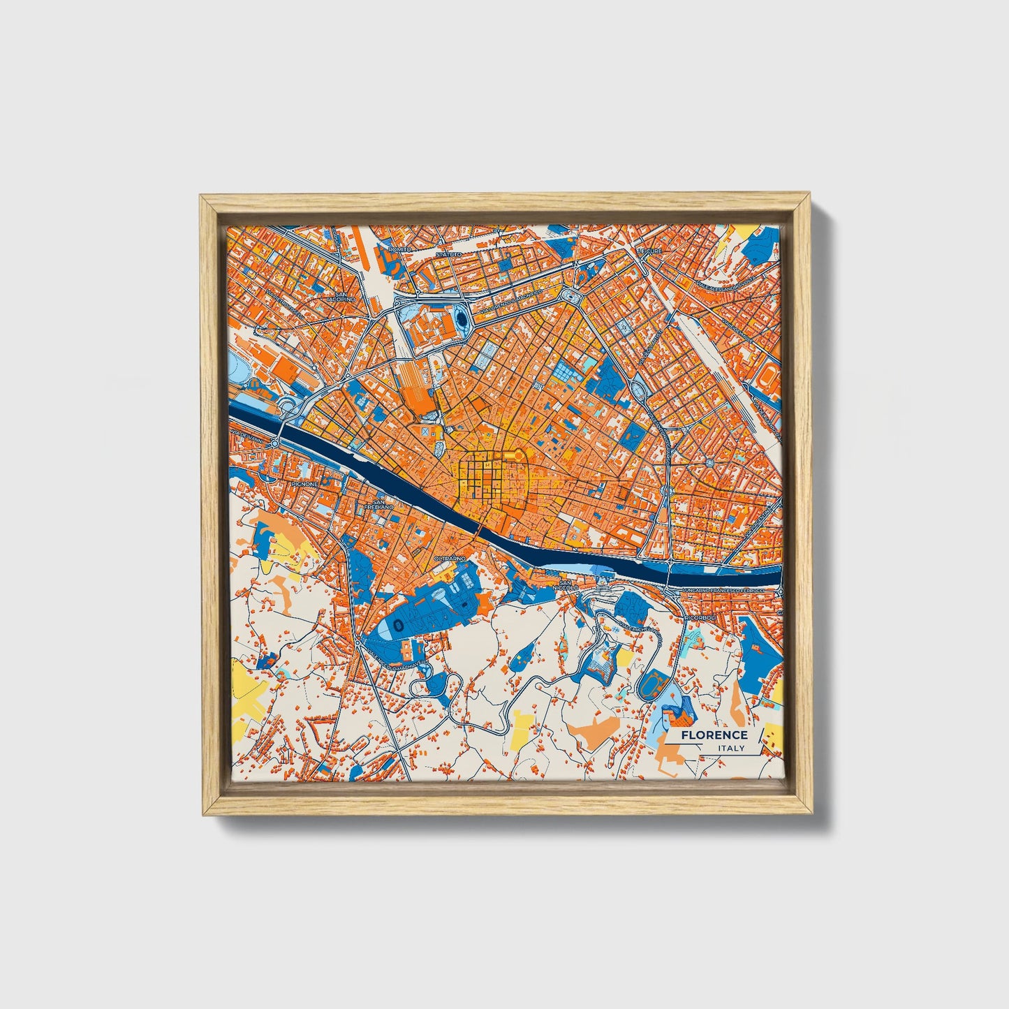 Firenze  Italy Colorful City Map Canvas Print • Natural Wooden Framed