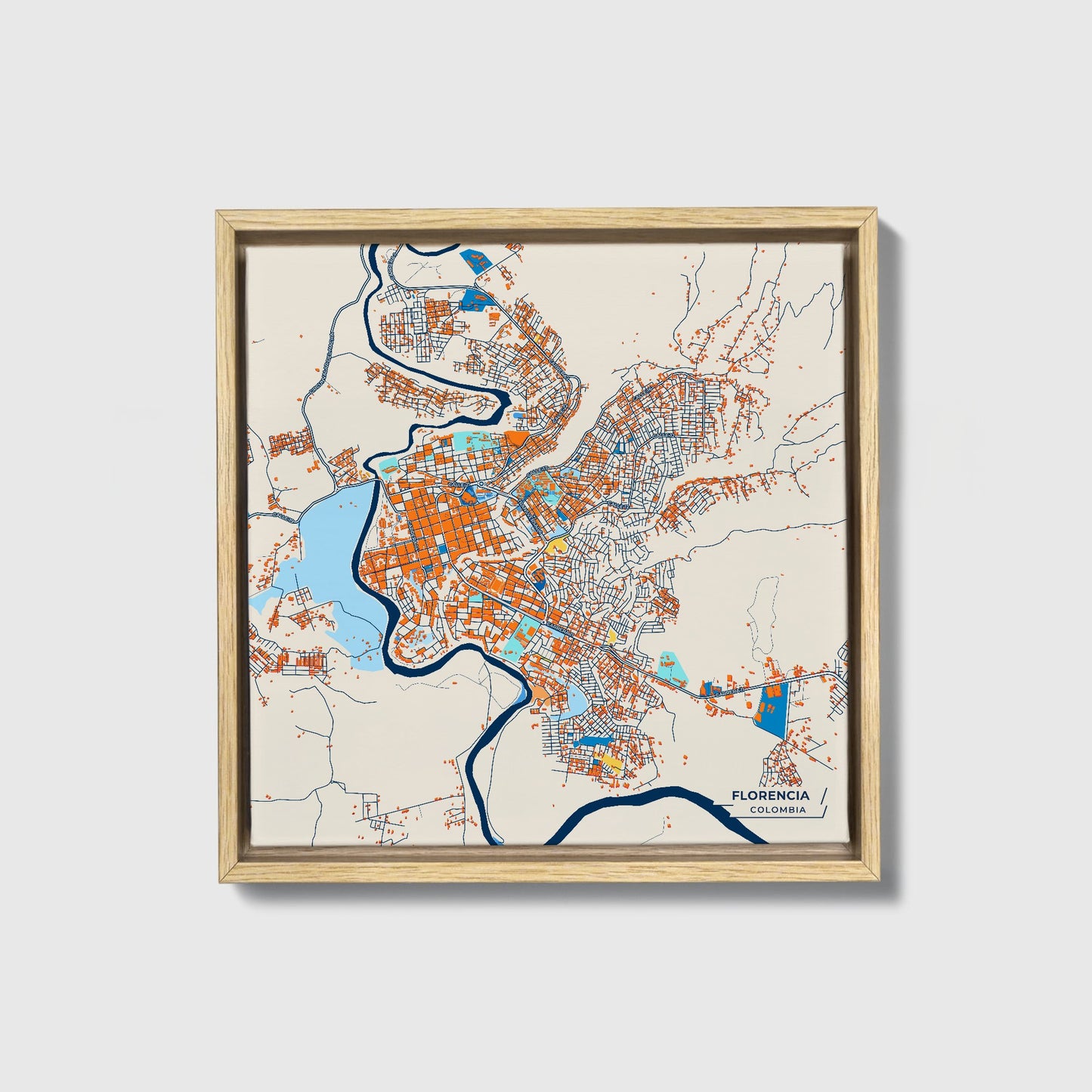 Florencia Colombia Colorful City Map Canvas Print • Natural Wooden Framed