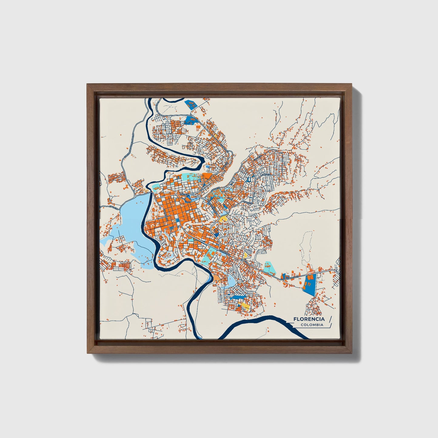Florencia Colombia Colorful City Map Canvas Print • Dark Wooden Framed