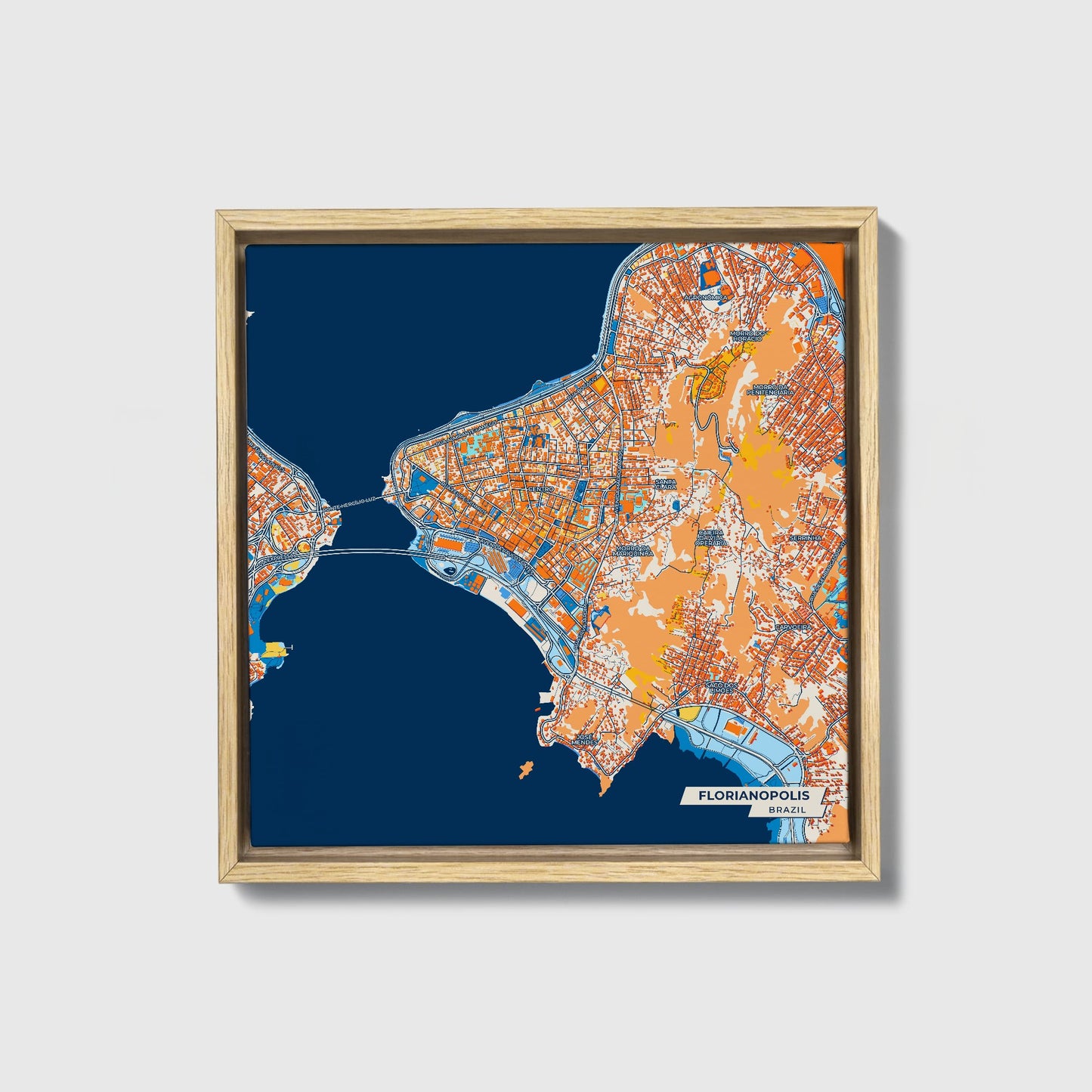 Florianopolis Brazil Colorful City Map Canvas Print • Natural Wooden Framed