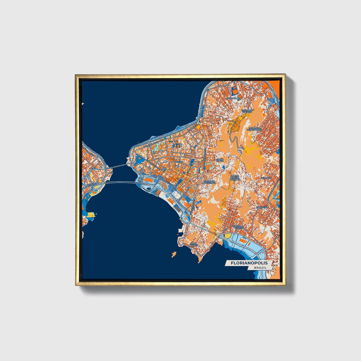 Florianopolis Brazil Colorful City Map Canvas Print • Gold Framed