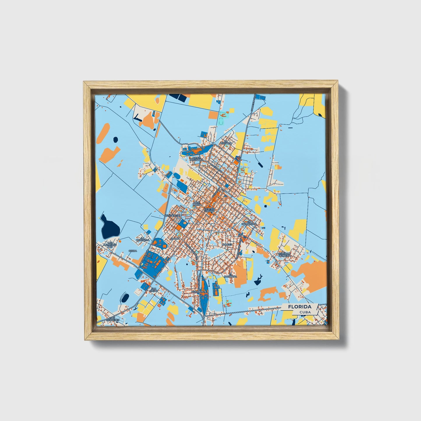 Florida Cuba Colorful City Map Canvas Print • Natural Wooden Framed