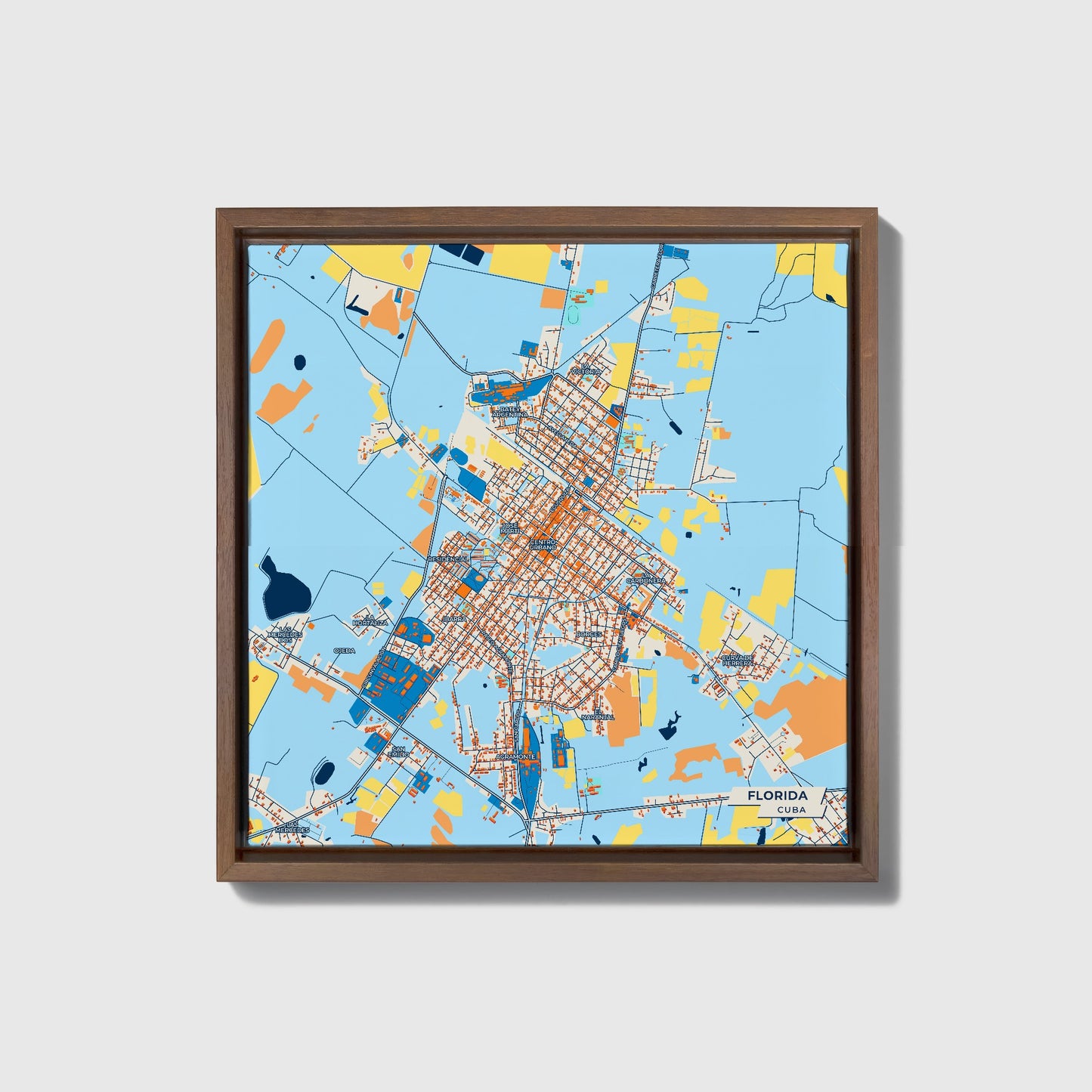 Florida Cuba Colorful City Map Canvas Print • Dark Wooden Framed