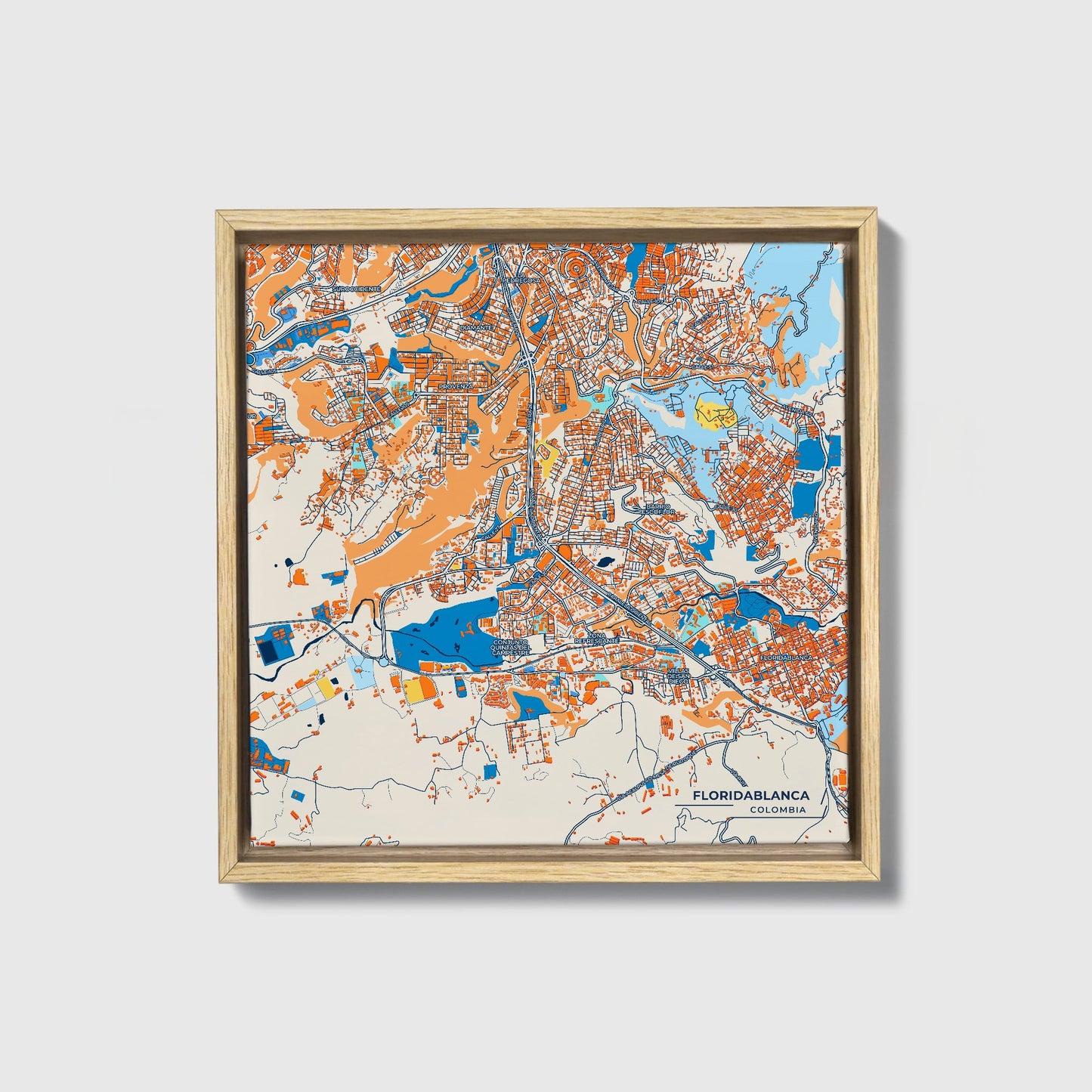 Floridablanca Colombia Colorful City Map Canvas Print • Natural Wooden Framed