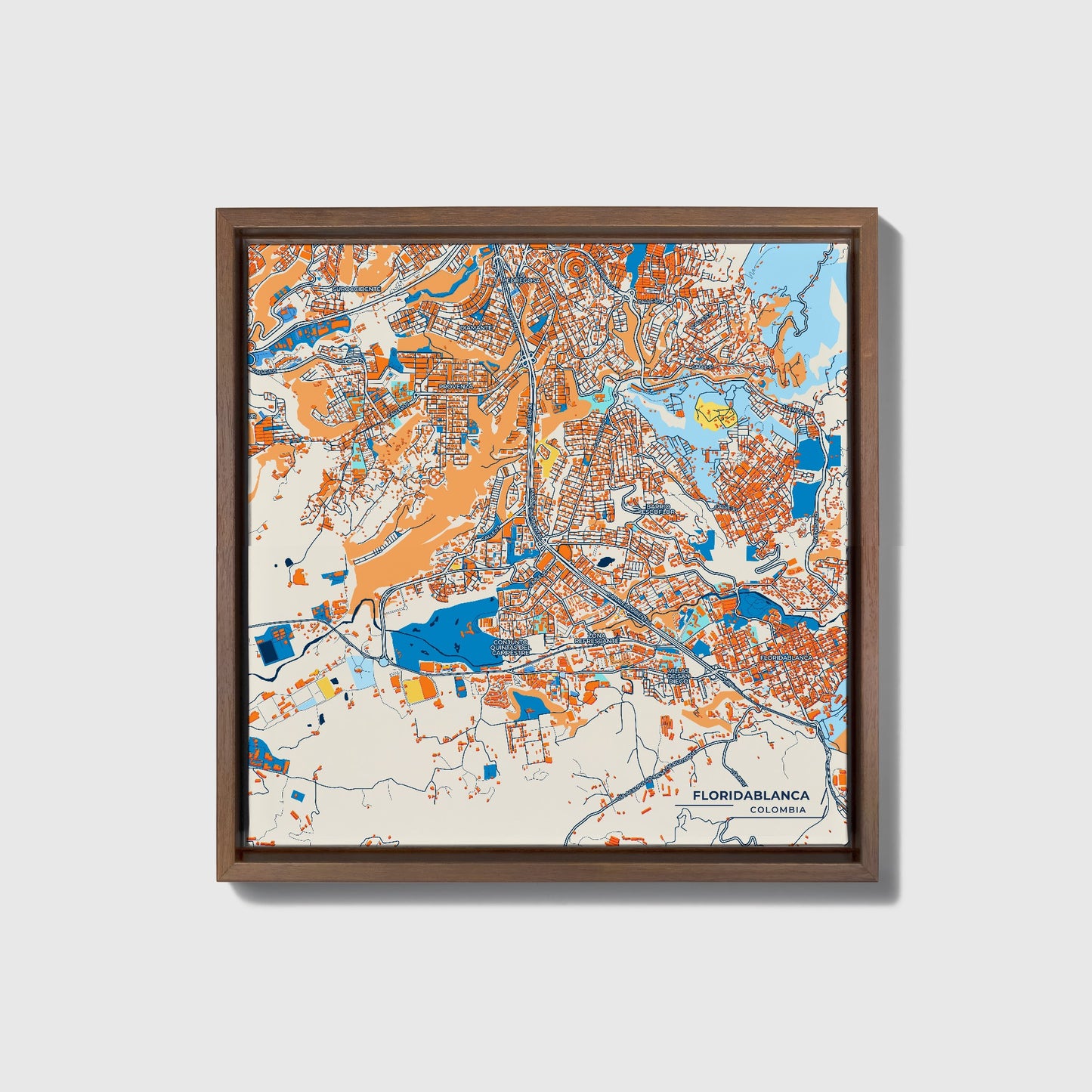Floridablanca Colombia Colorful City Map Canvas Print • Dark Wooden Framed