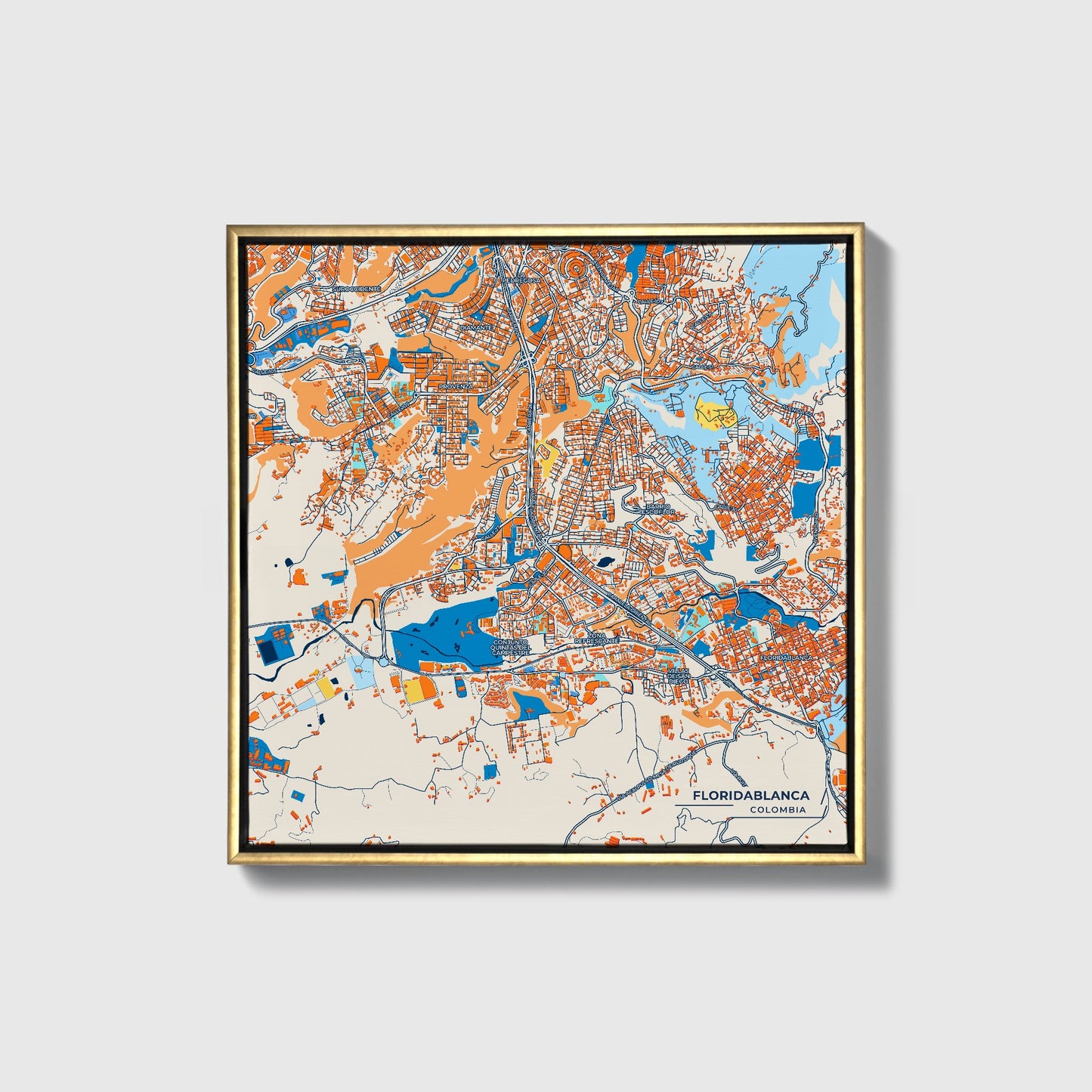 Floridablanca Colombia Colorful City Map Canvas Print • Gold Framed