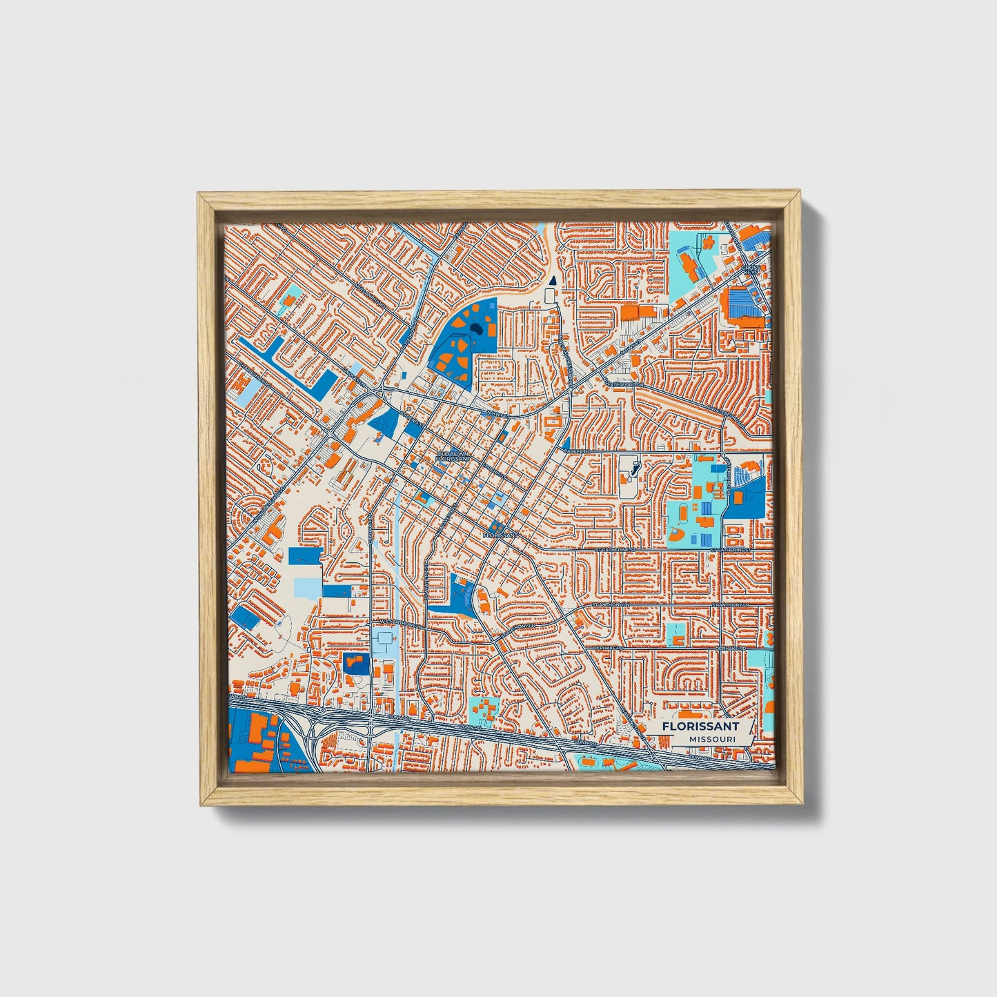 Florissant Missouri Colorful City Map Canvas Print • Natural Wooden Framed