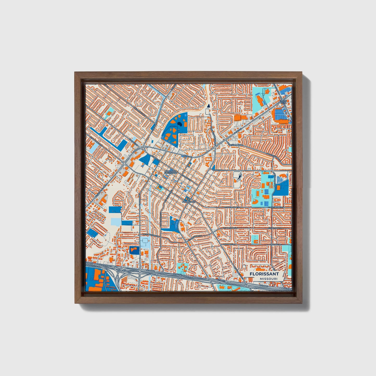 Florissant Missouri Colorful City Map Canvas Print • Dark Wooden Framed
