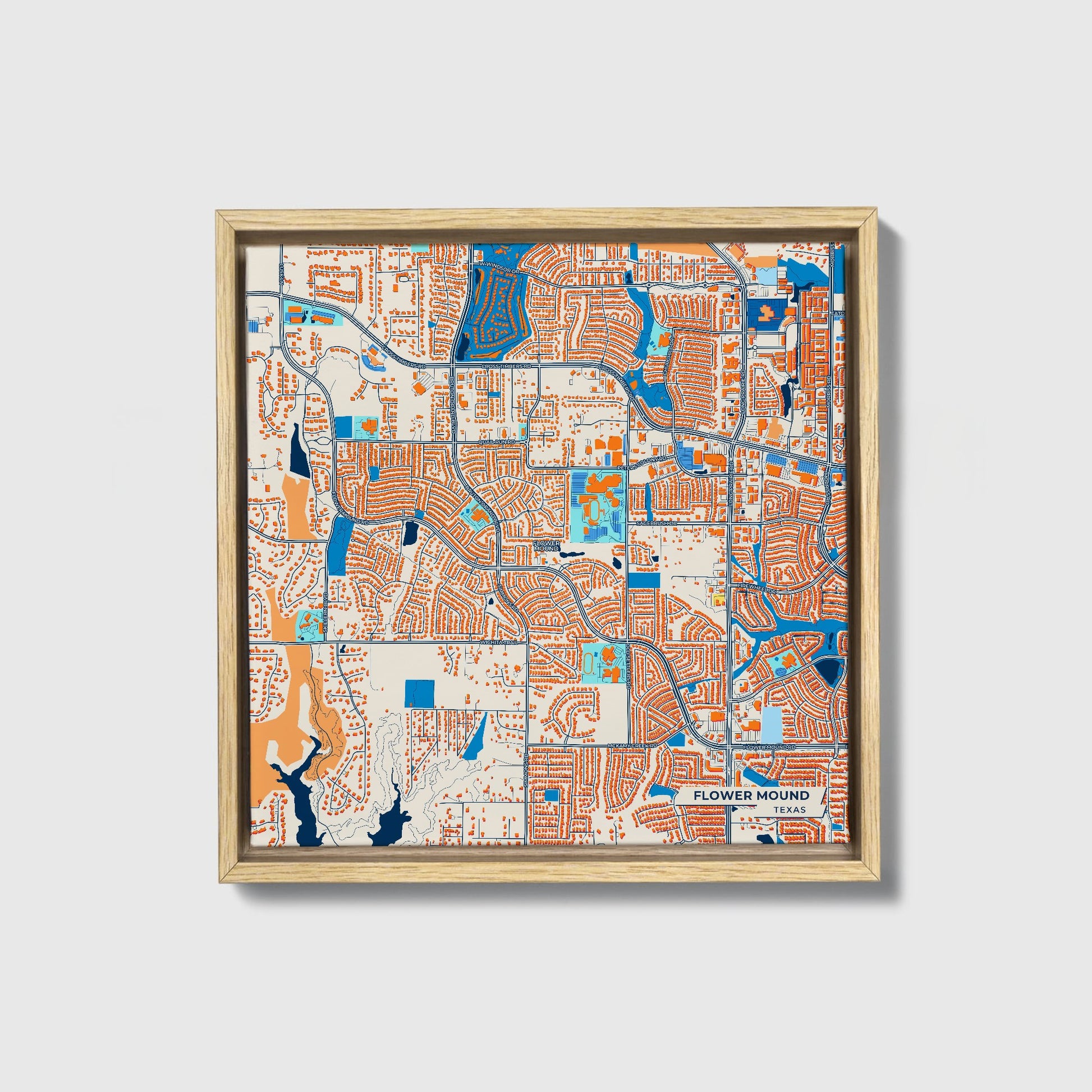 Flower Mound Texas Colorful City Map Canvas Print • Natural Wooden Framed