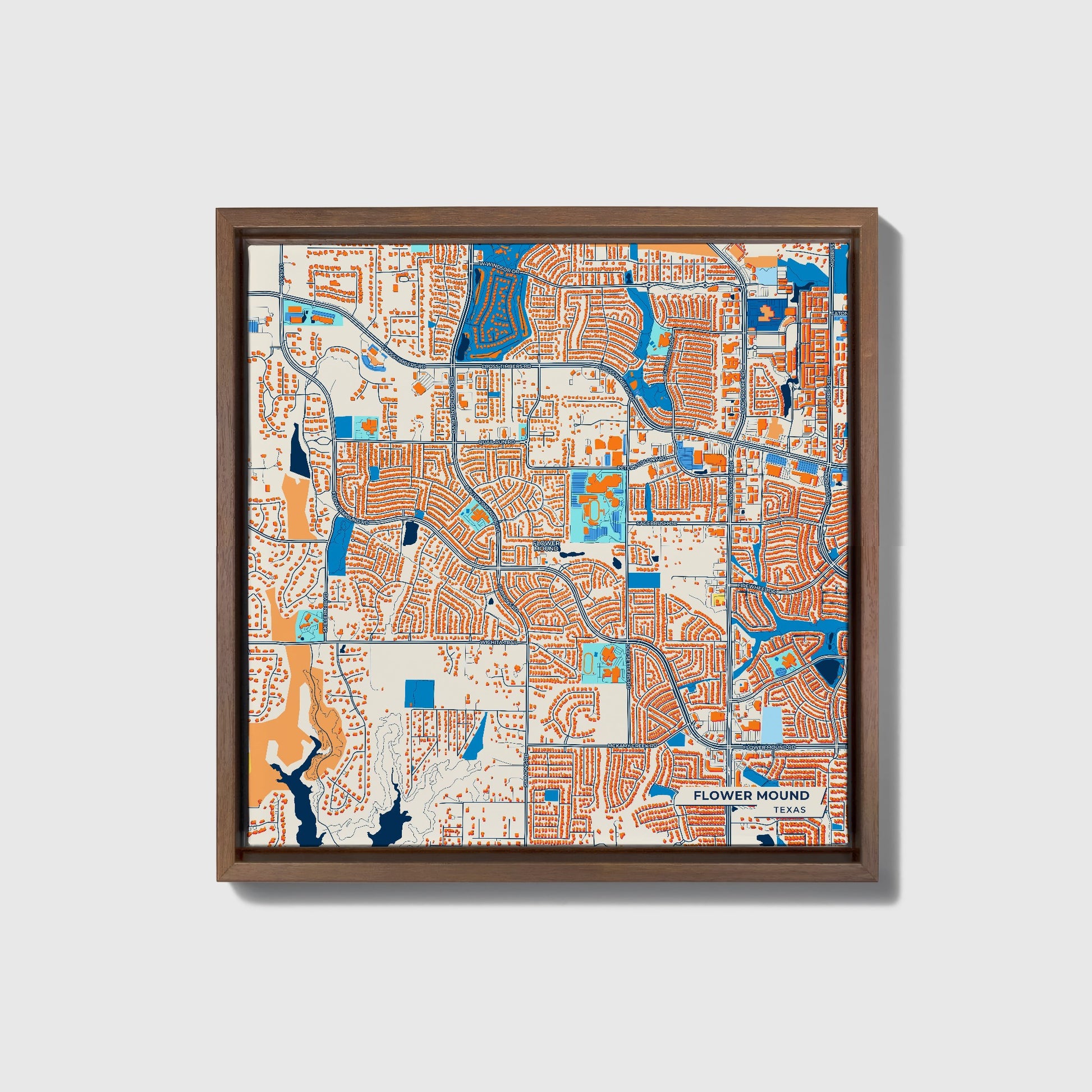 Flower Mound Texas Colorful City Map Canvas Print • Dark Wooden Framed