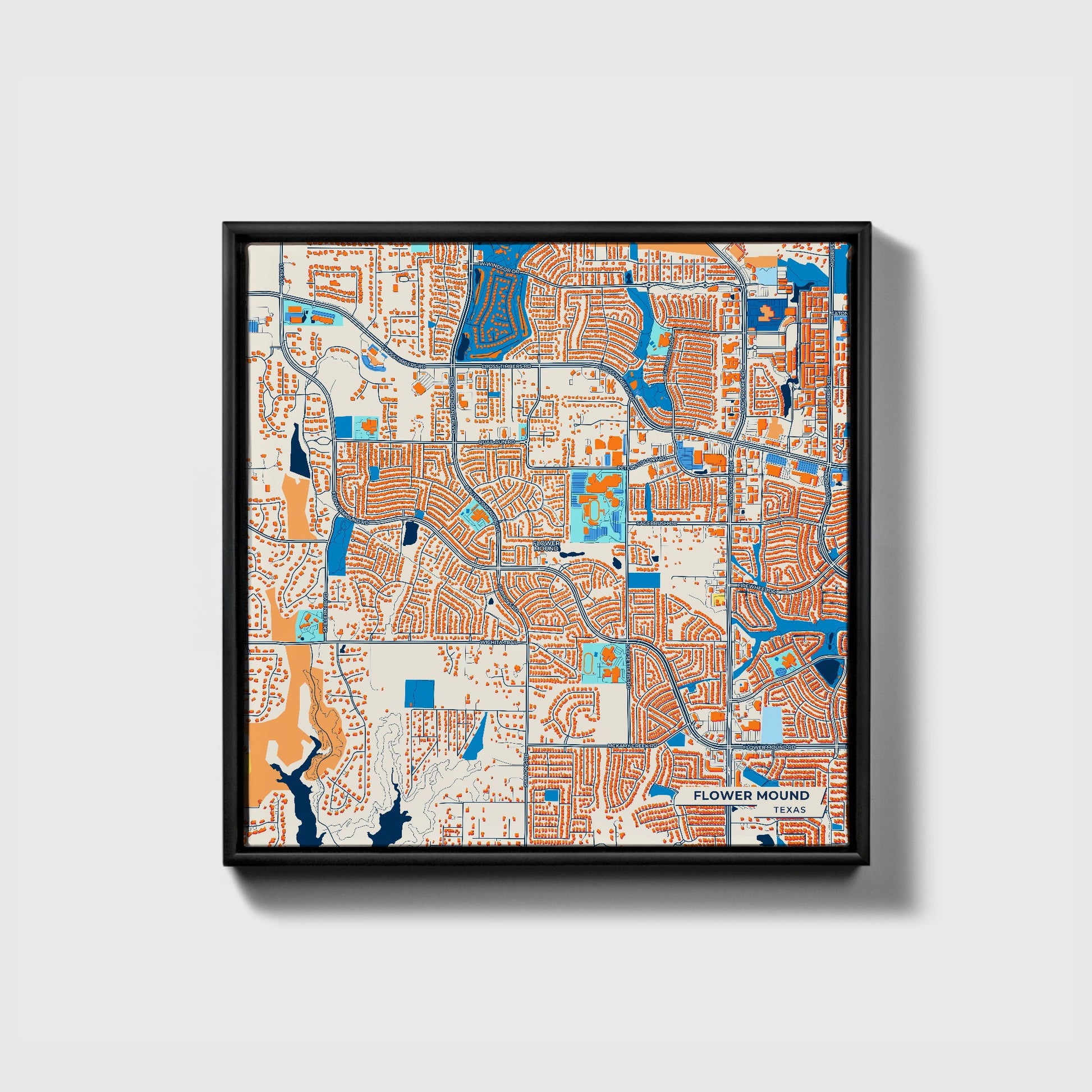 Flower Mound Texas Colorful City Map Canvas Print • Black Framed