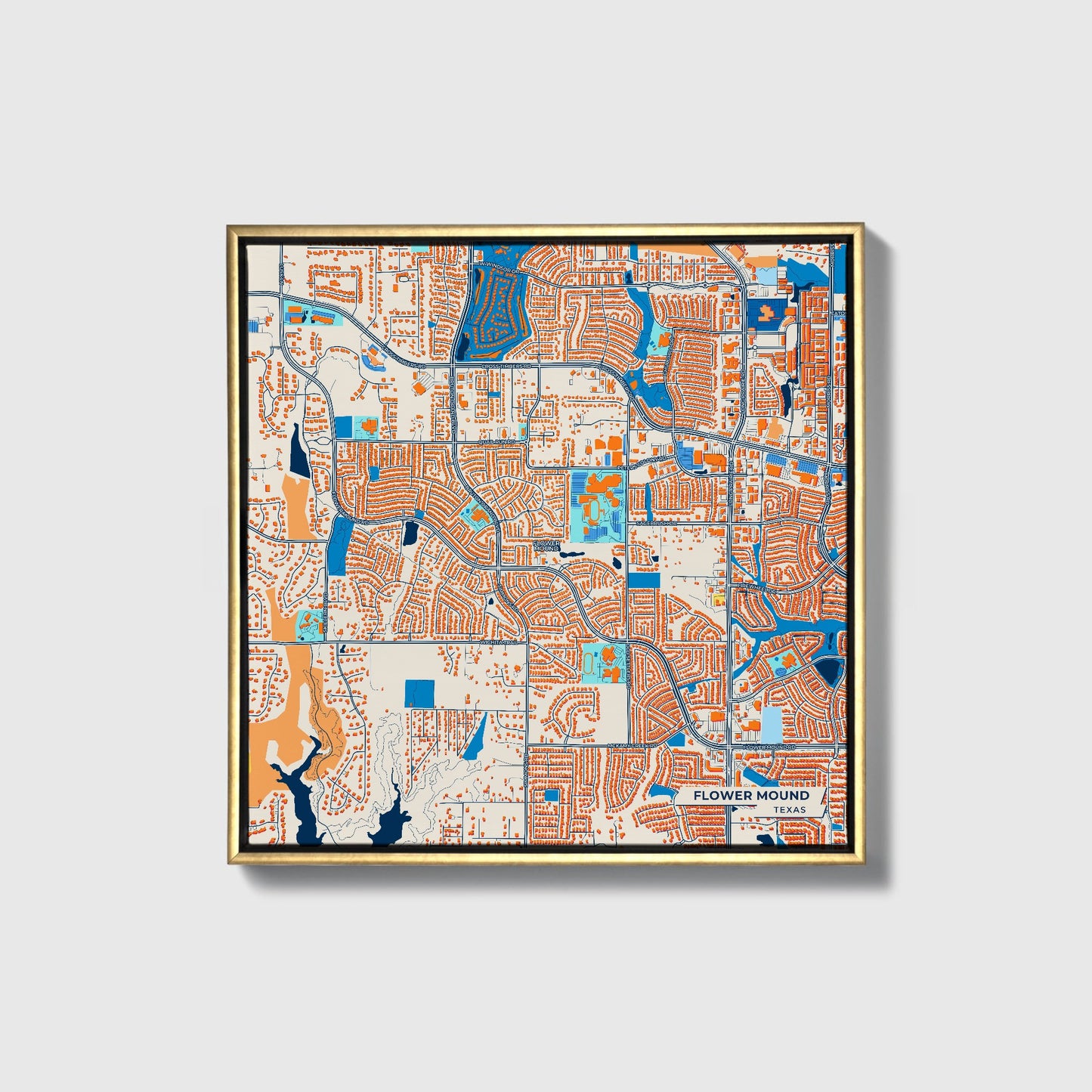 Flower Mound Texas Colorful City Map Canvas Print • Gold Framed