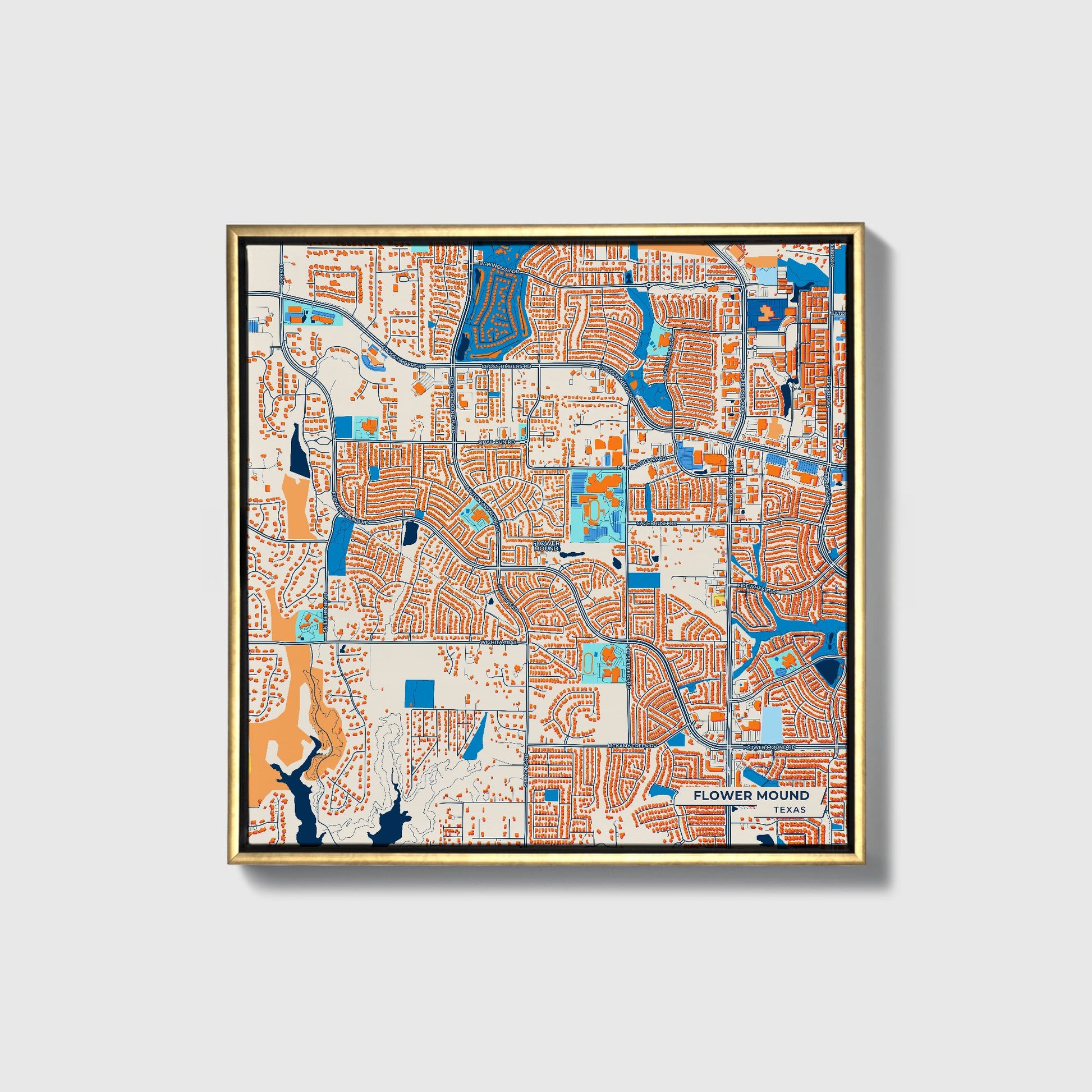 Flower Mound Texas Colorful City Map Canvas Print • Gold Framed