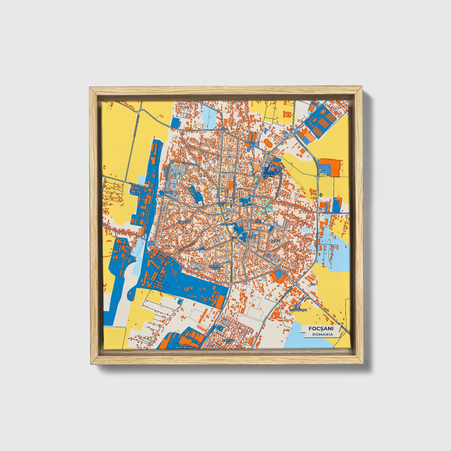 Focșani Romania Colorful City Map Canvas Print • Natural Wooden Framed
