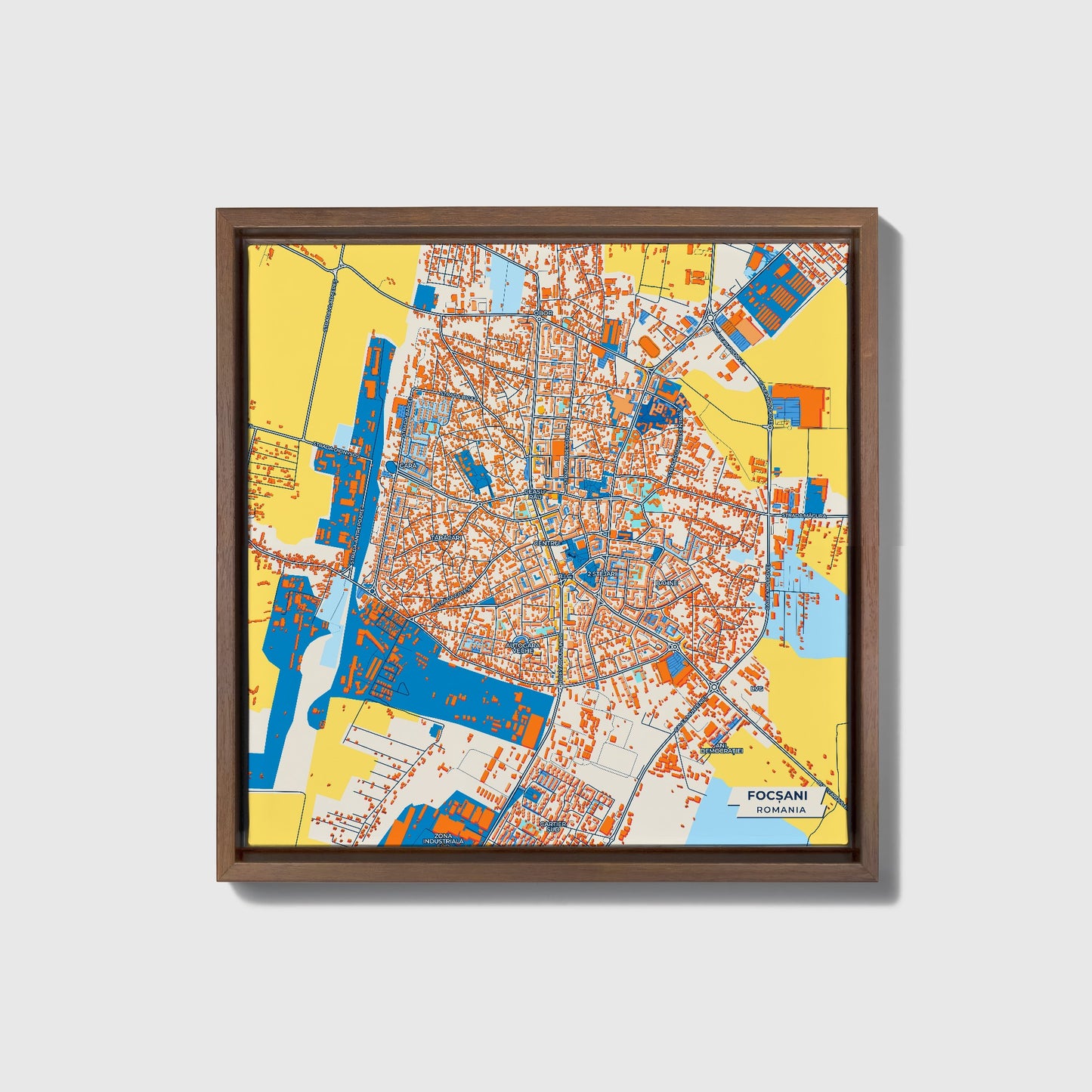 Focșani Romania Colorful City Map Canvas Print • Dark Wooden Framed