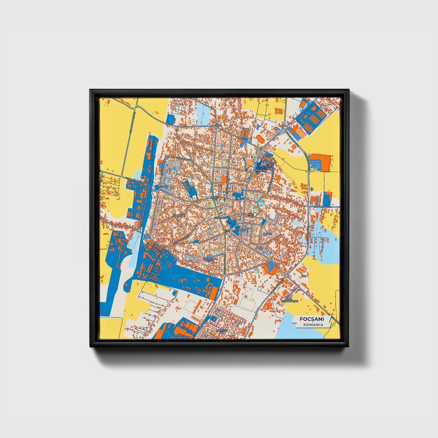 Focșani Romania Colorful City Map Canvas Print • Black Framed