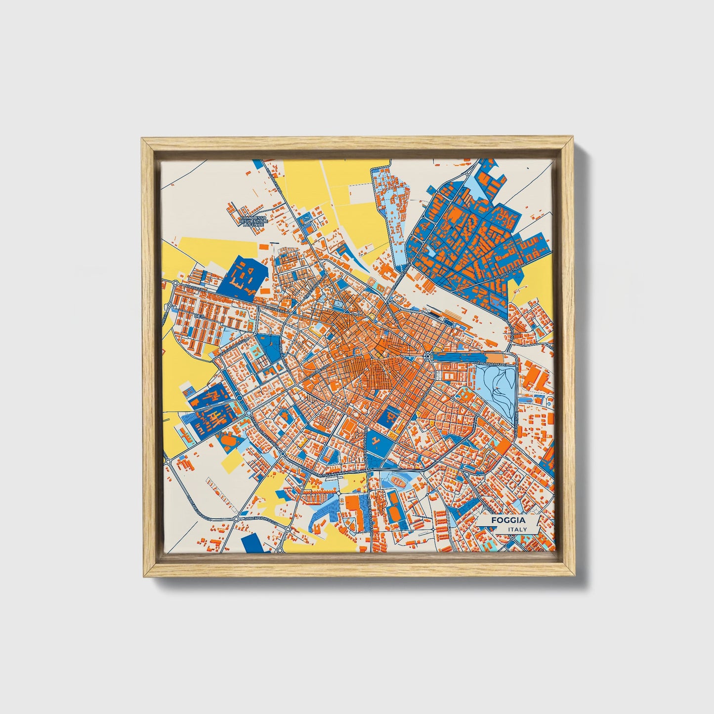 Foggia Italy Colorful City Map Canvas Print • Natural Wooden Framed