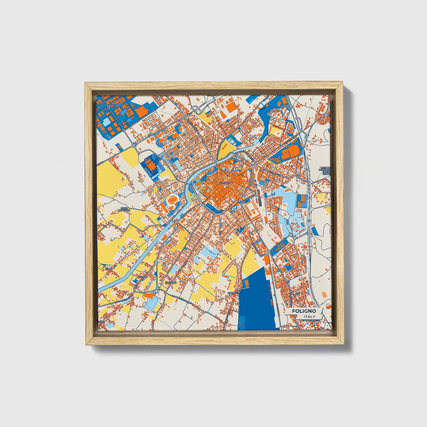 Foligno Italy Colorful City Map Canvas Print • Natural Wooden Framed