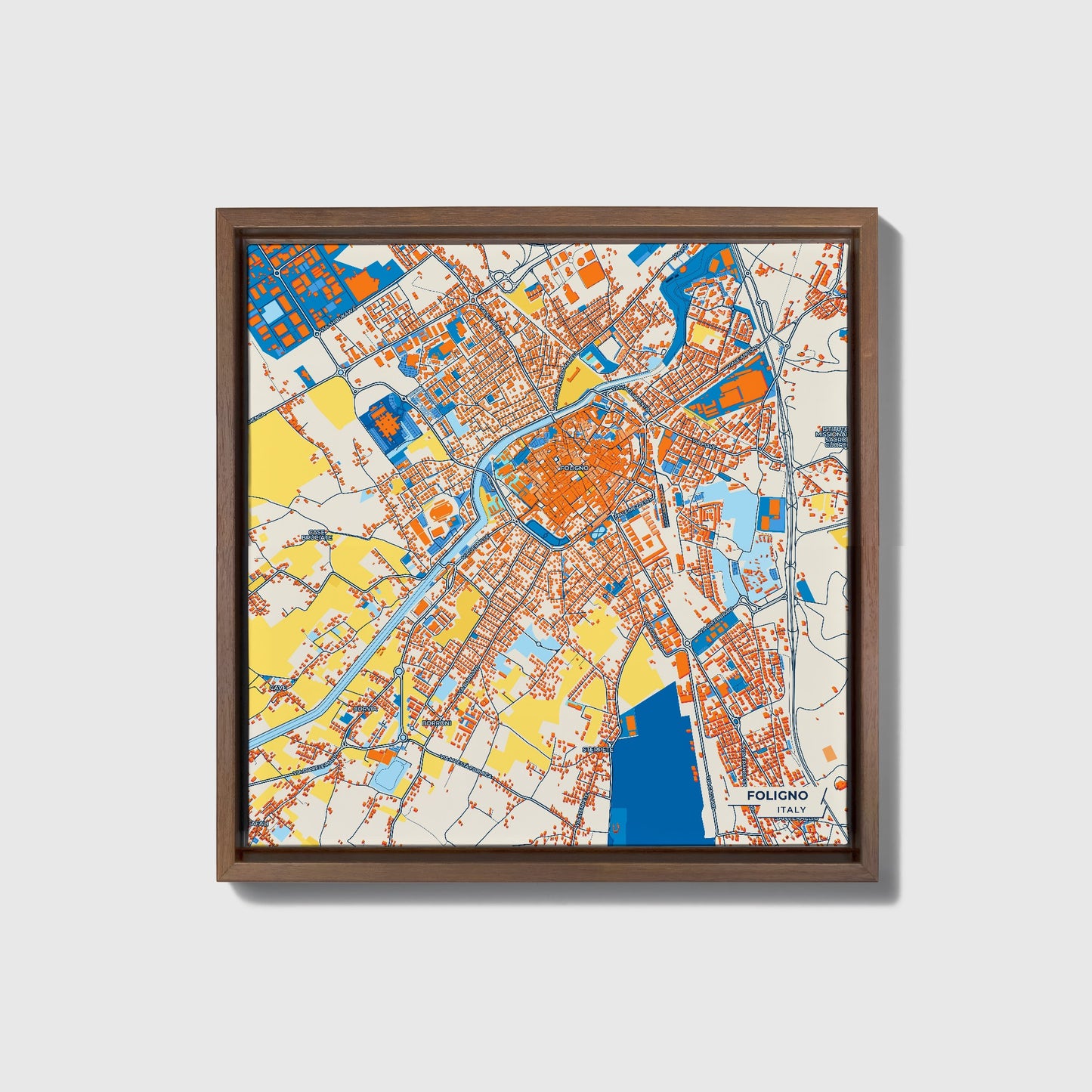 Foligno Italy Colorful City Map Canvas Print • Dark Wooden Framed