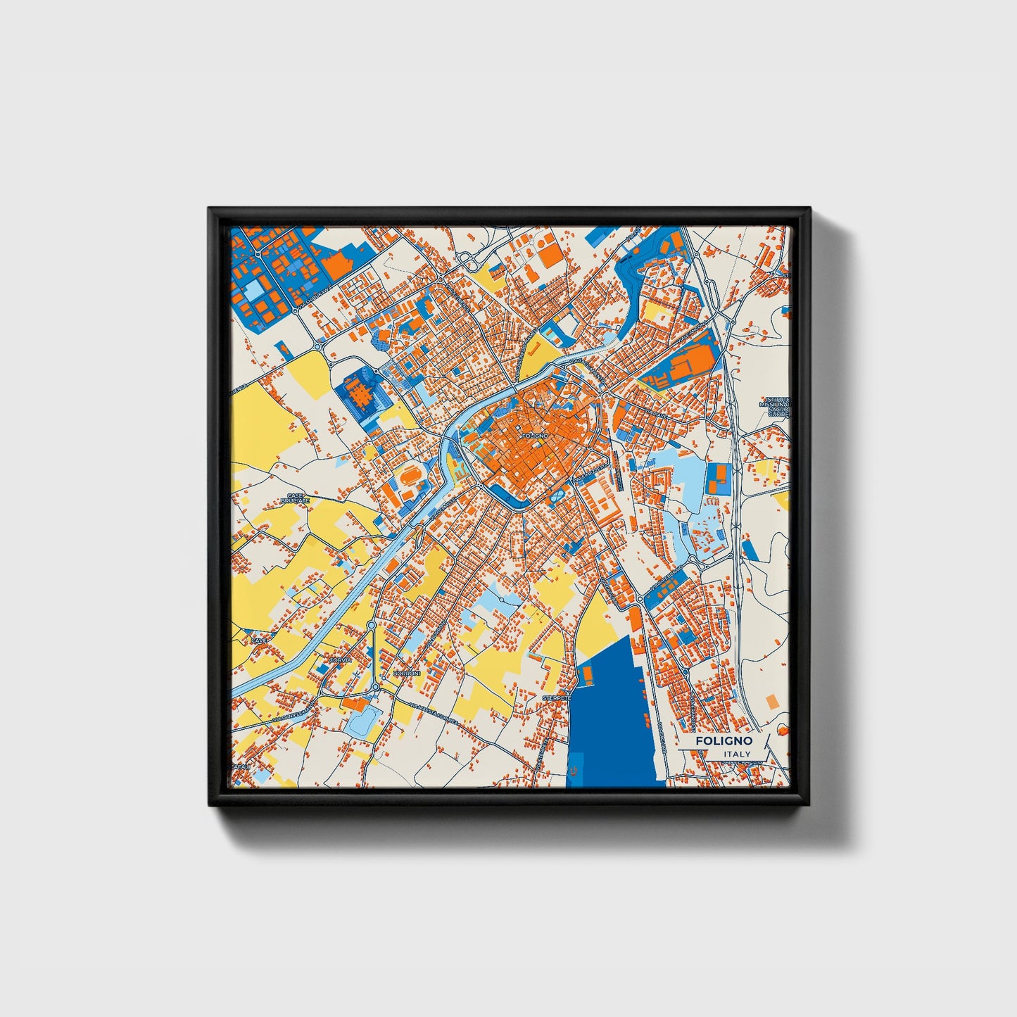 Foligno Italy Colorful City Map Canvas Print • Black Framed