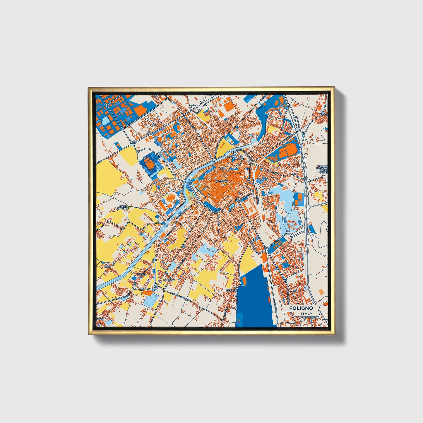 Foligno Italy Colorful City Map Canvas Print • Gold Framed