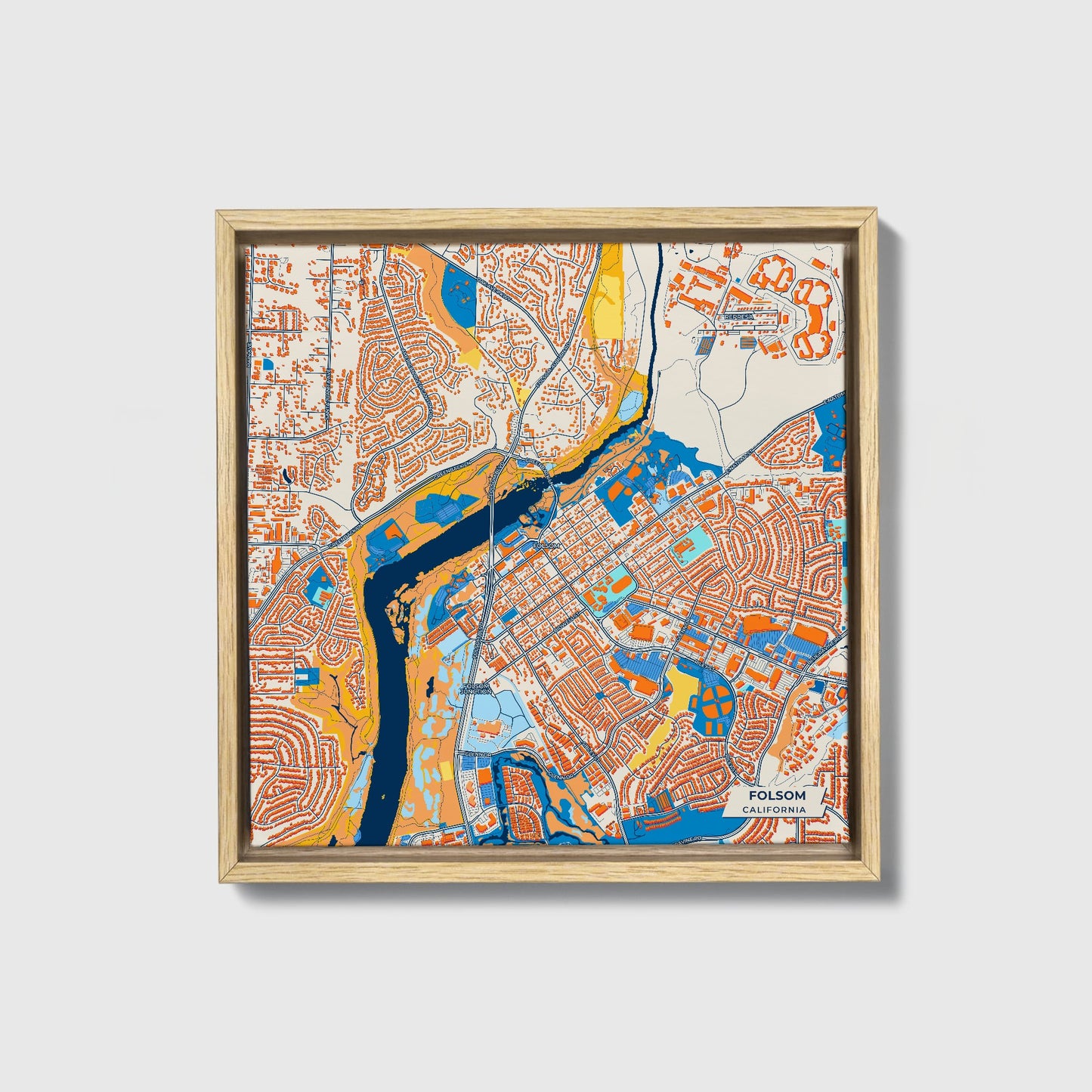 Folsom California Colorful City Map Canvas Print • Natural Wooden Framed