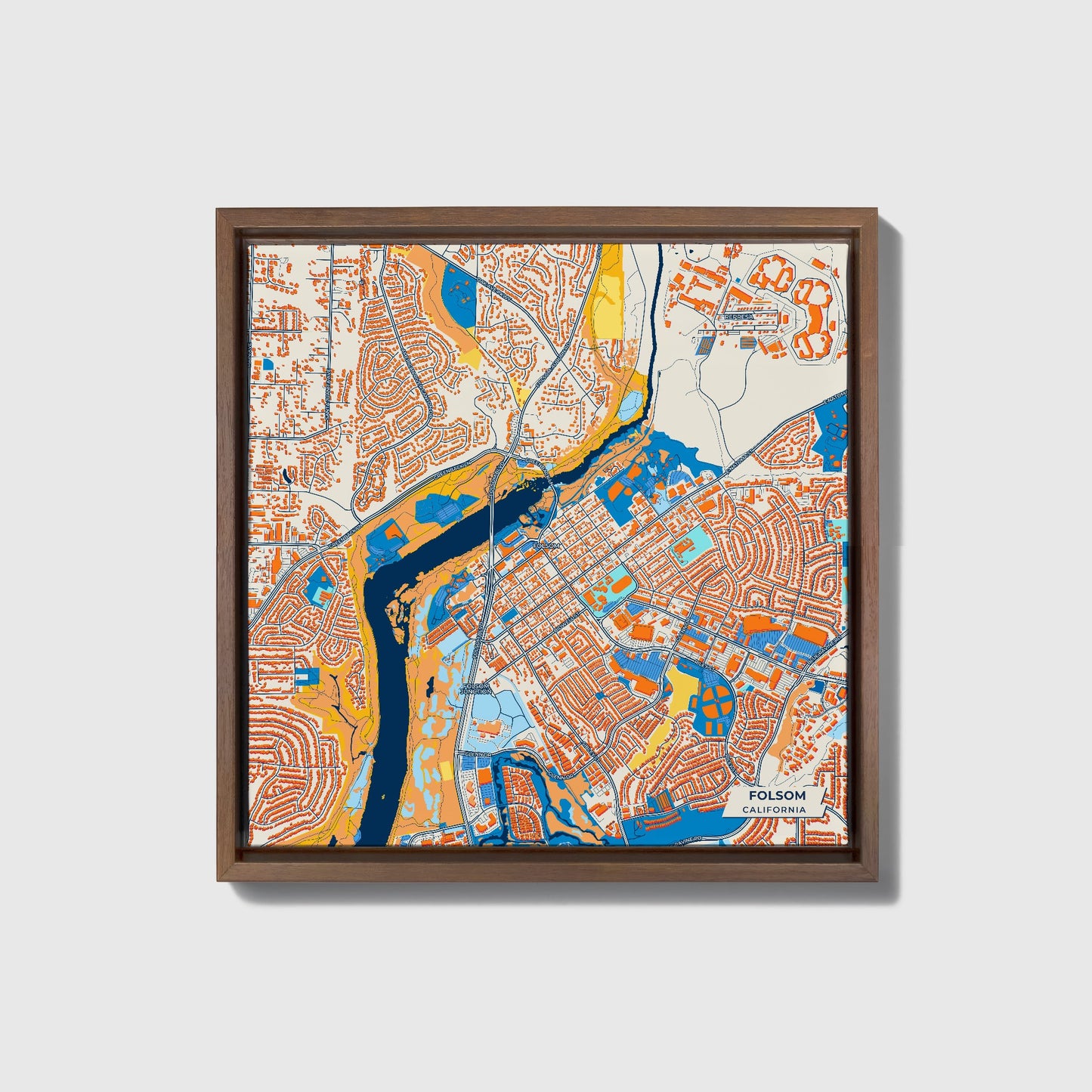 Folsom California Colorful City Map Canvas Print • Dark Wooden Framed