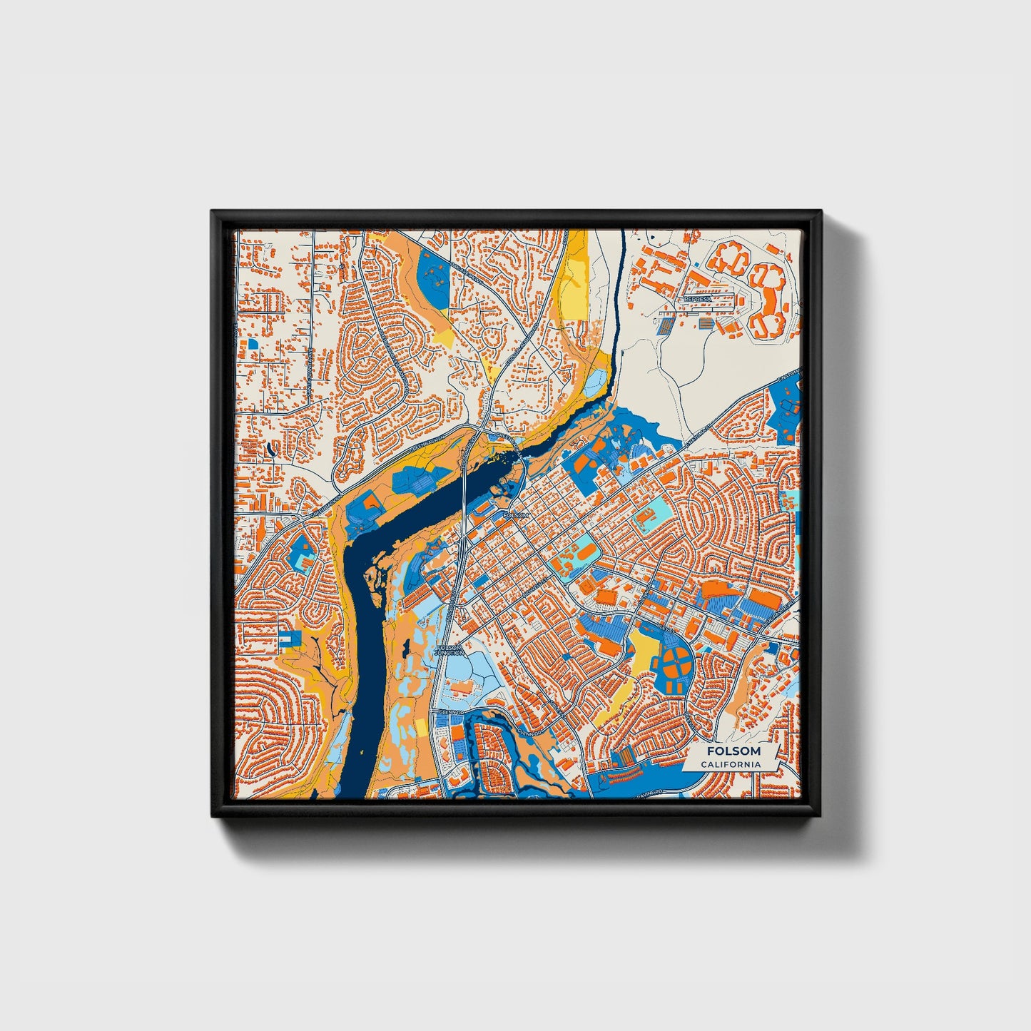 Folsom California Colorful City Map Canvas Print • Black Framed