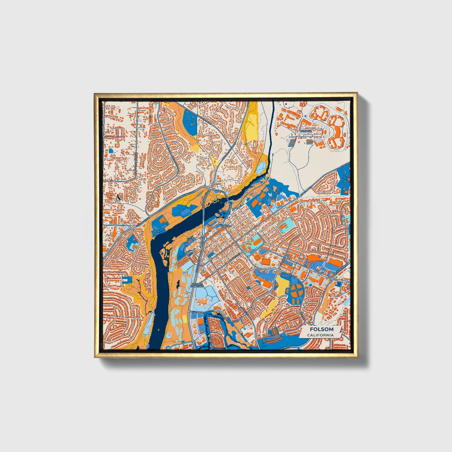 Folsom California Colorful City Map Canvas Print • Gold Framed