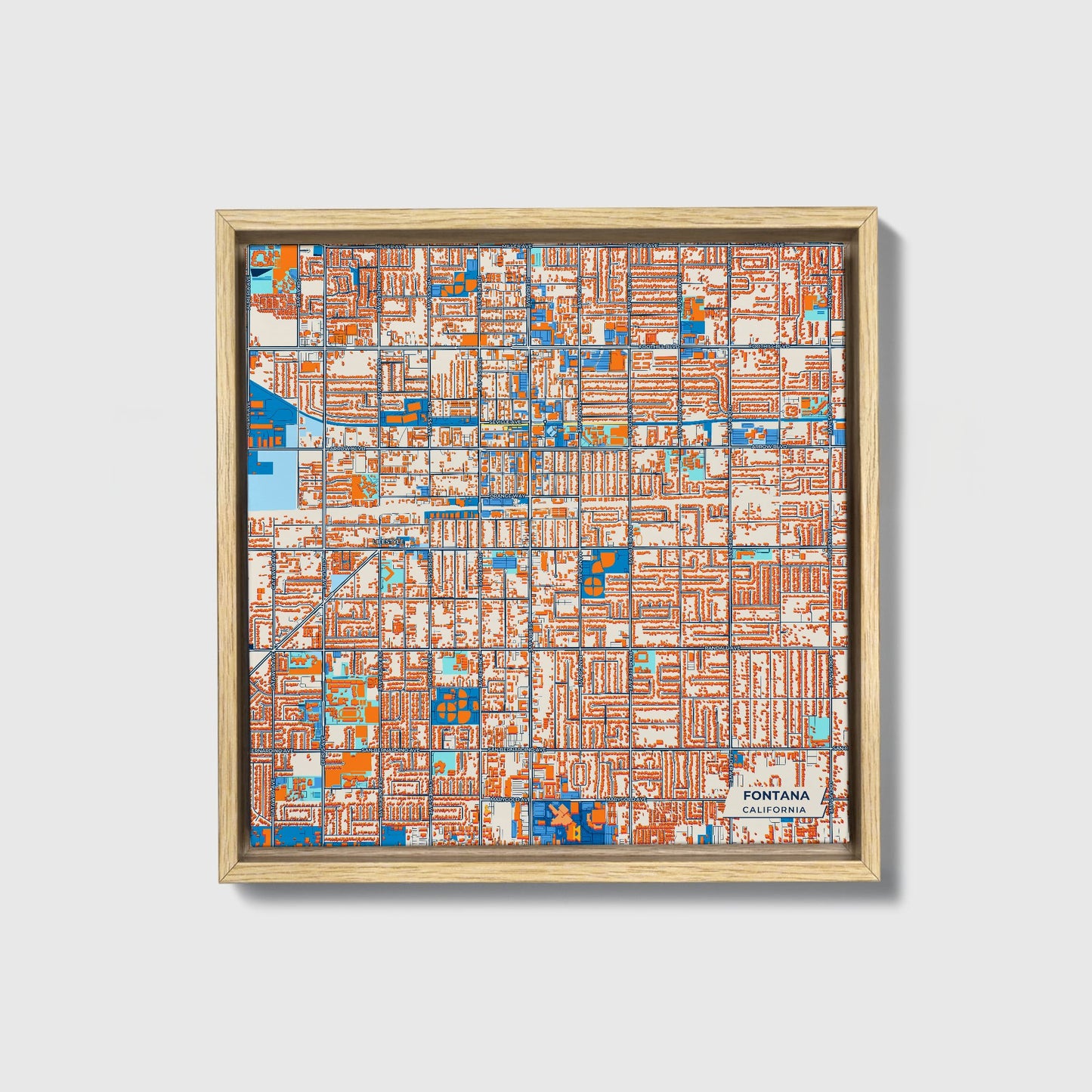 Fontana California Colorful City Map Canvas Print • Natural Wooden Framed