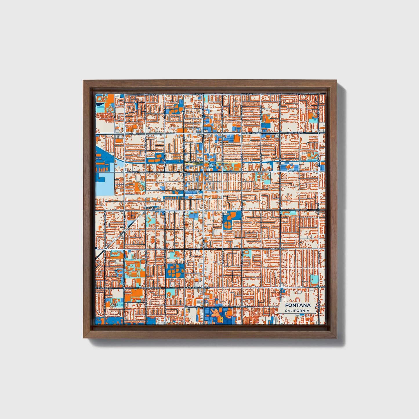 Fontana California Colorful City Map Canvas Print • Dark Wooden Framed