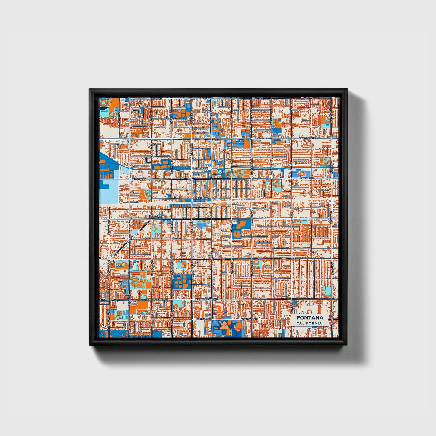 Fontana California Colorful City Map Canvas Print • Black Framed