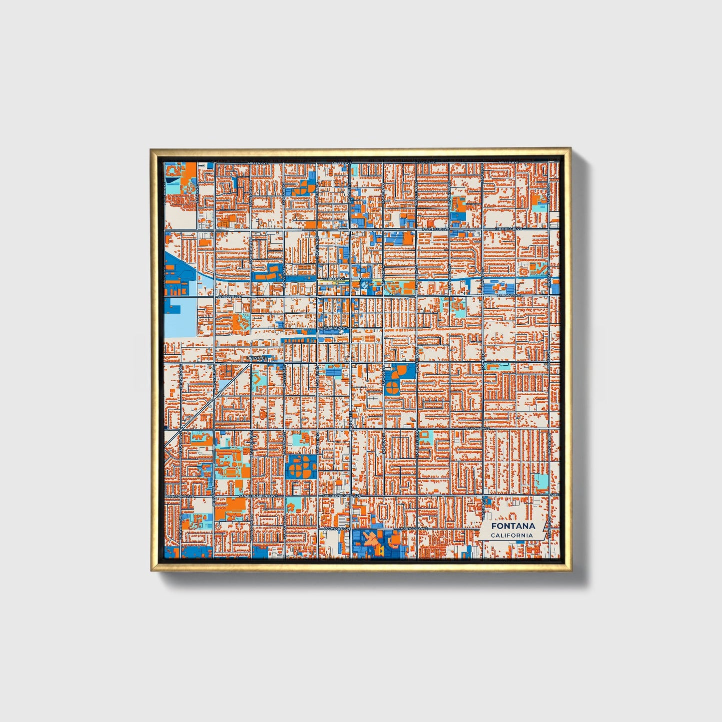 Fontana California Colorful City Map Canvas Print • Gold Framed