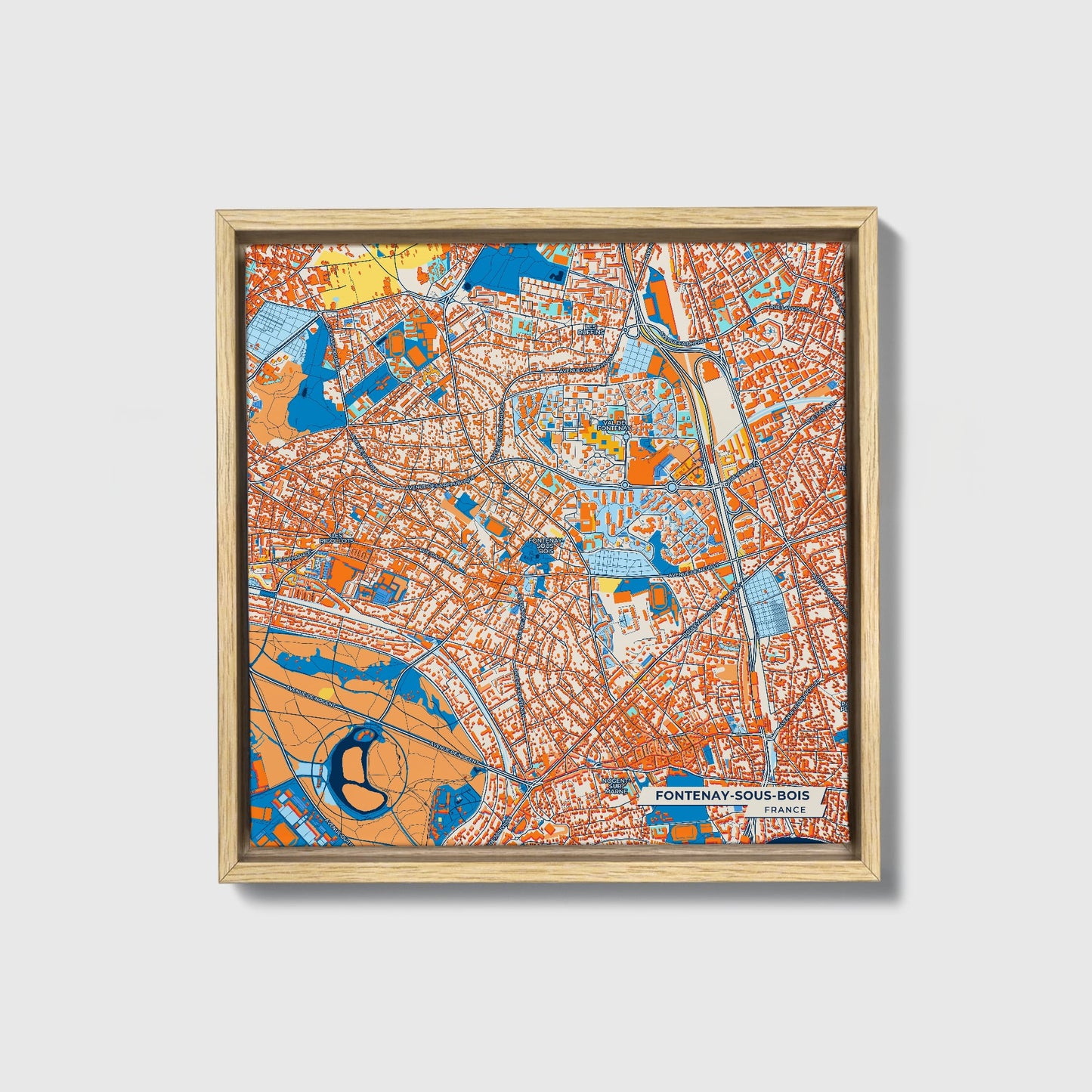 Fontenay-Sous-Bois France Colorful City Map Canvas Print • Natural Wooden Framed