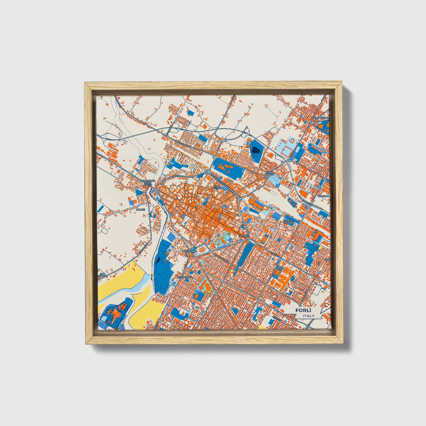 Forlì Italy Colorful City Map Canvas Print • Natural Wooden Framed