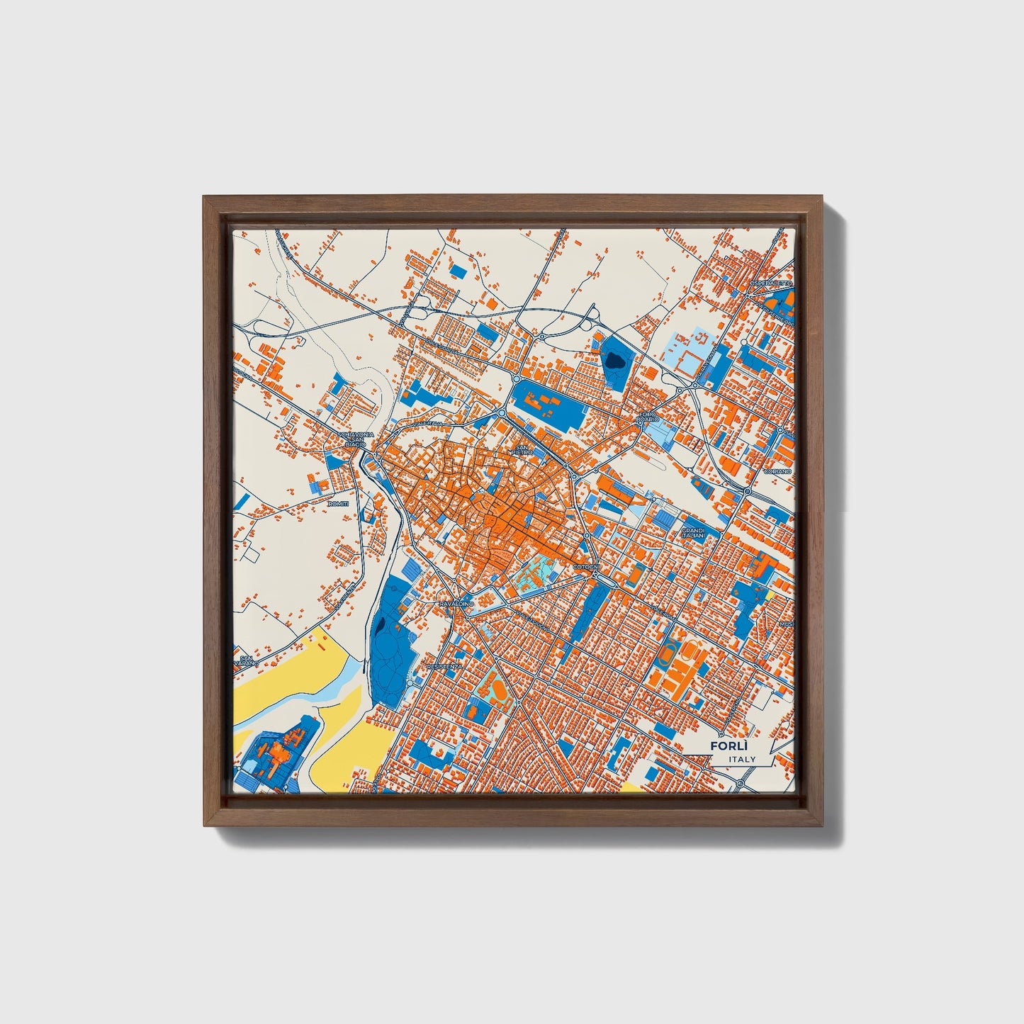 Forlì Italy Colorful City Map Canvas Print • Dark Wooden Framed