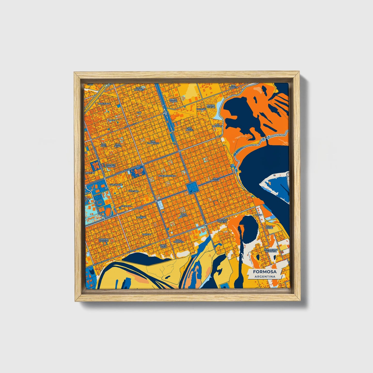 Formosa Argentina Colorful City Map Canvas Print • Natural Wooden Framed
