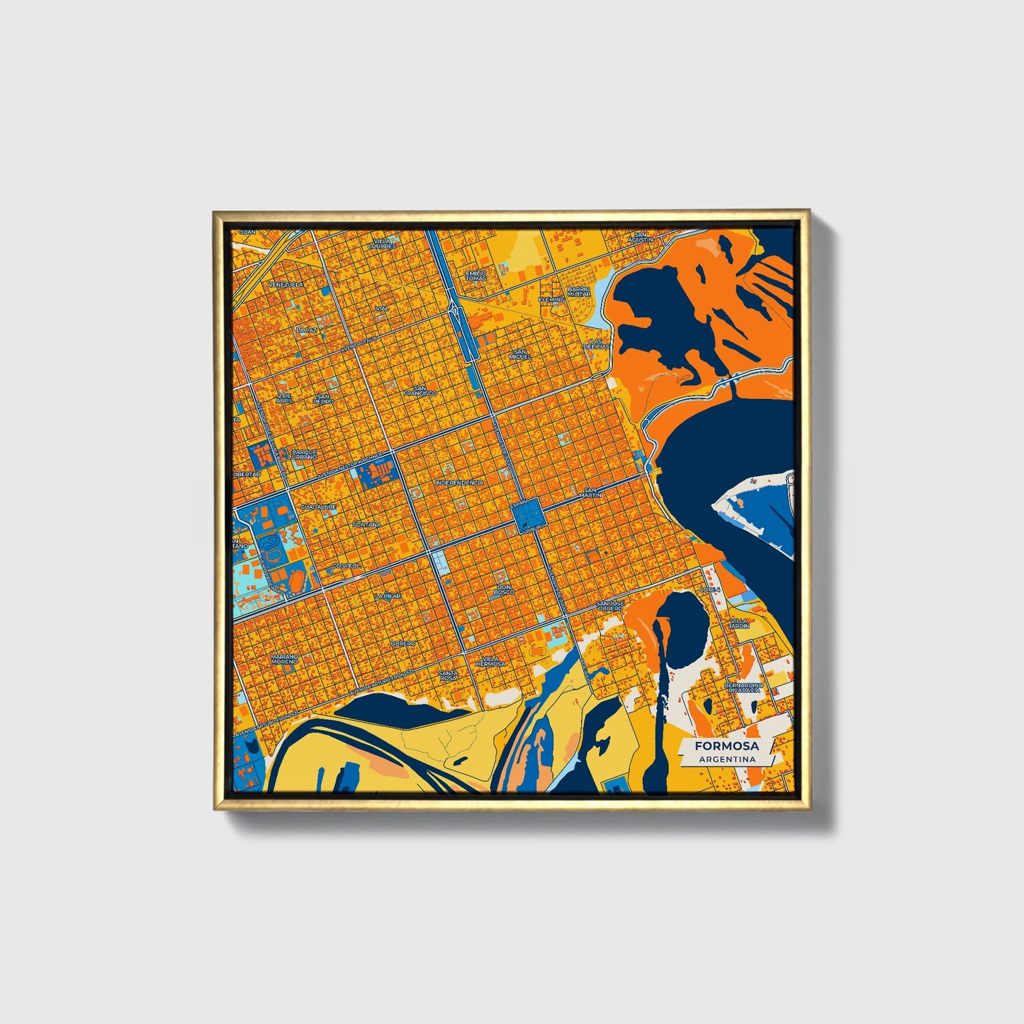 Formosa Argentina Colorful City Map Canvas Print • Gold Framed