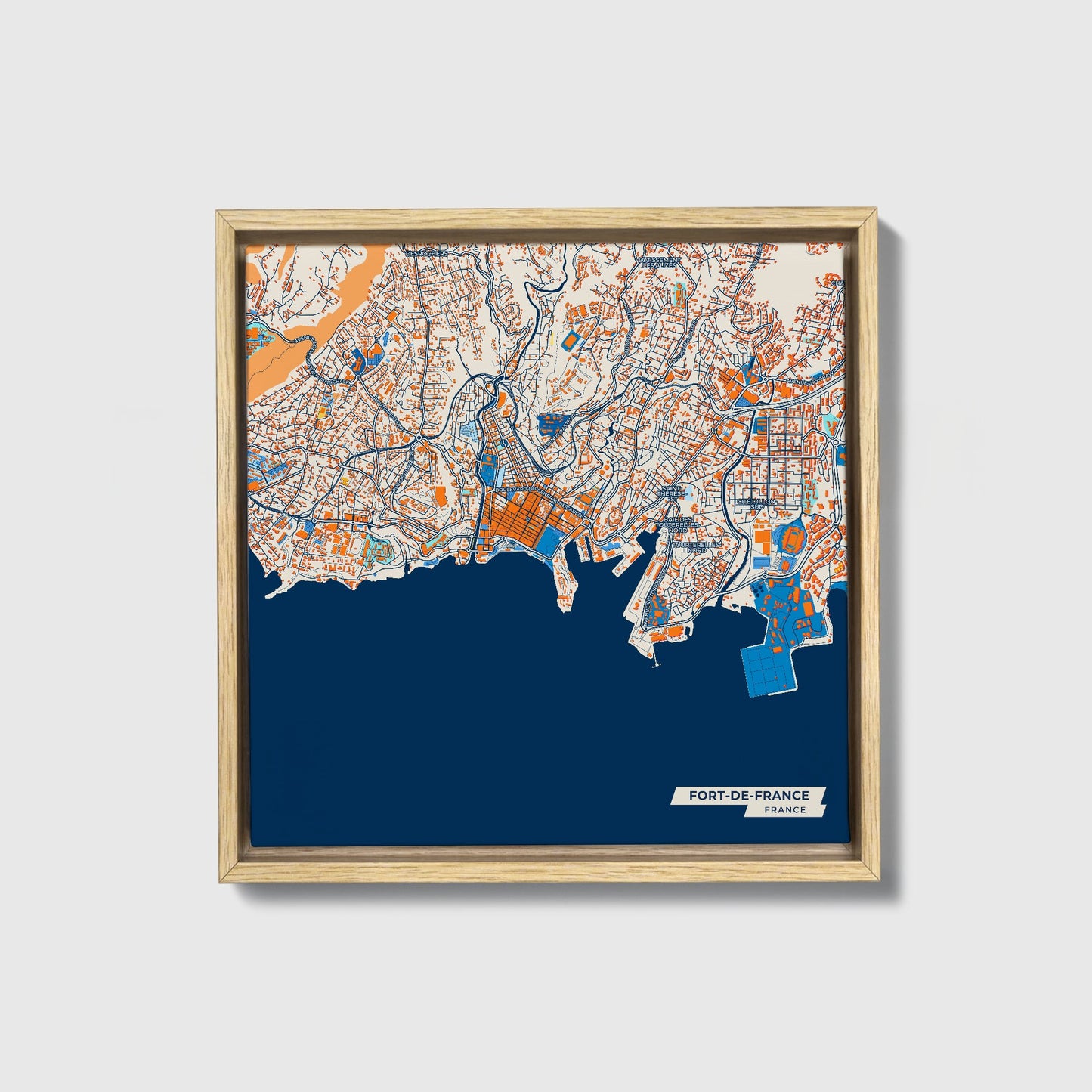 Fort-De-France France Colorful City Map Canvas Print • Natural Wooden Framed